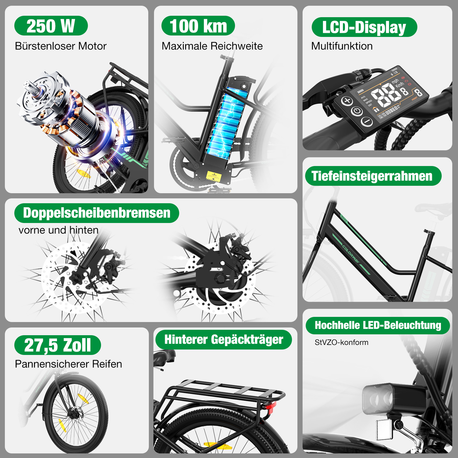 E-Bike mit Details: 250W Motor, 100km Reichweite, LCD-Display, Scheibenbremsen, 27,5-Zoll-Reifen, Gepäckträger und LED-Lichter.