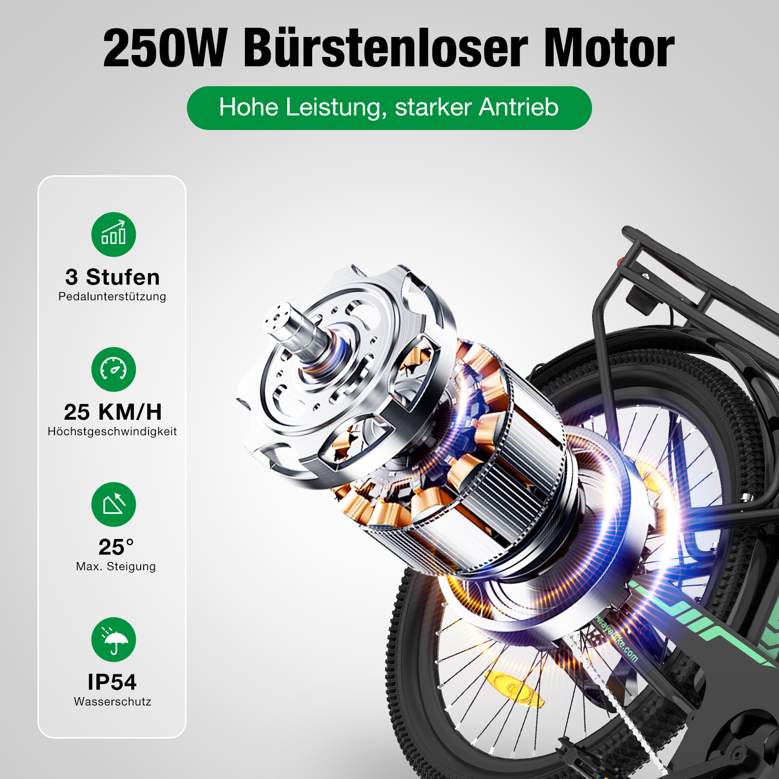 Ein Elektromotor wird angezeigt. Er zeigt Spezifikationen wie Geschwindigkeit, Tretunterstützung und Wasserschutz. Das Rad ist schwarz.