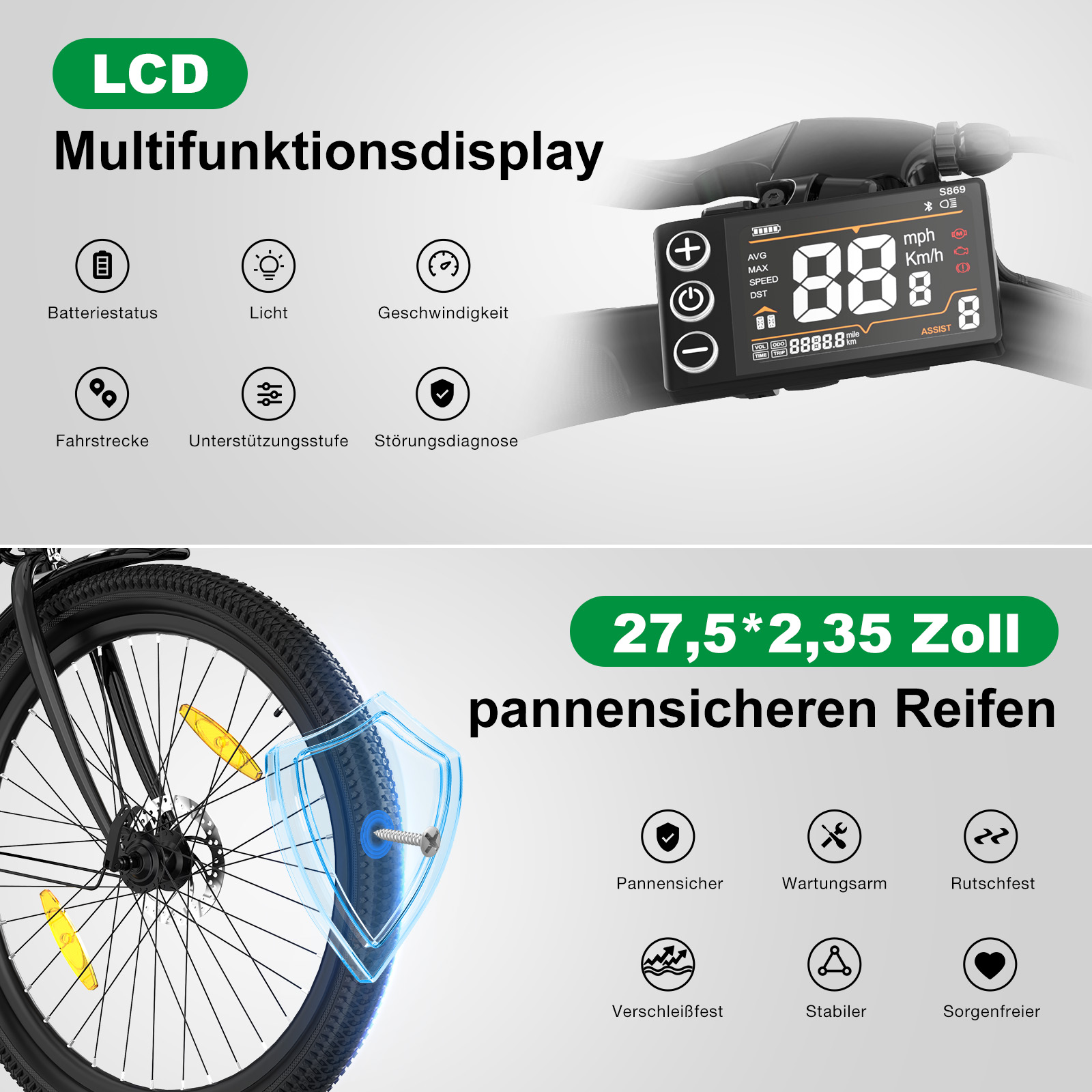 Ein Elektrofahrrad-Display zeigt Geschwindigkeit, Akku und andere Funktionen, mit einem Rad im Vordergrund.