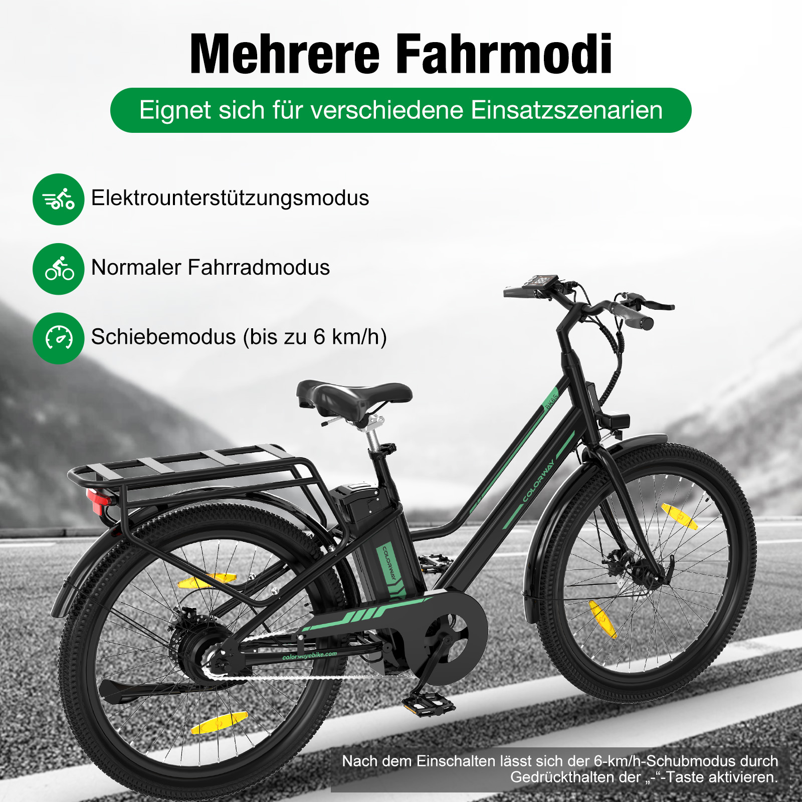 Schwarzes Elektrofahrrad auf einer Straße. Es hat mehrere Modi. Der Text auf Deutsch beschreibt die Funktionen. Die Marke ist Colorway.