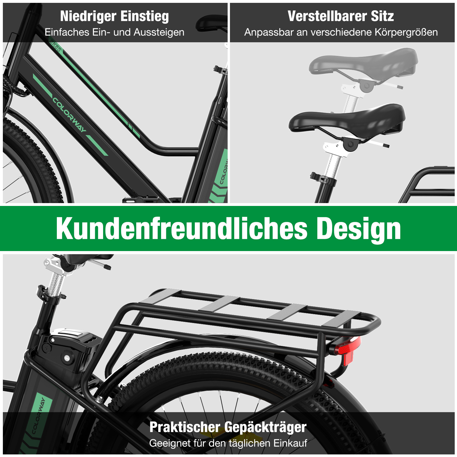 Schwarzes E-Bike mit Merkmalen: niedriger Einstieg, verstellbarer Sitz und praktischer Gepäckträger. Grüne Akzente und Colorway-Logo.