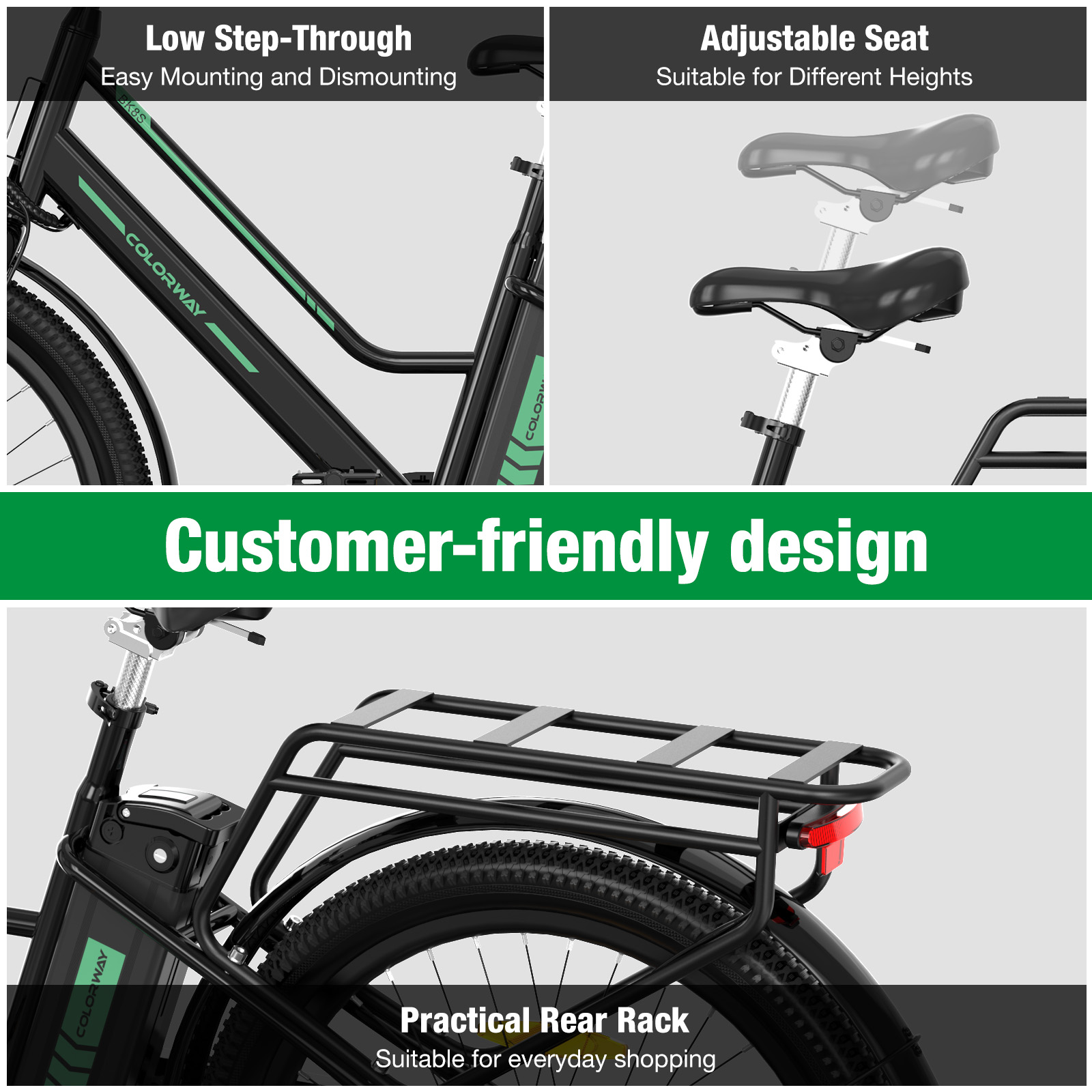 Czarny e-bike z niskim wejściem, regulowanym siedzeniem i bagażnikiem. Zielone akcenty i branding Colorway.