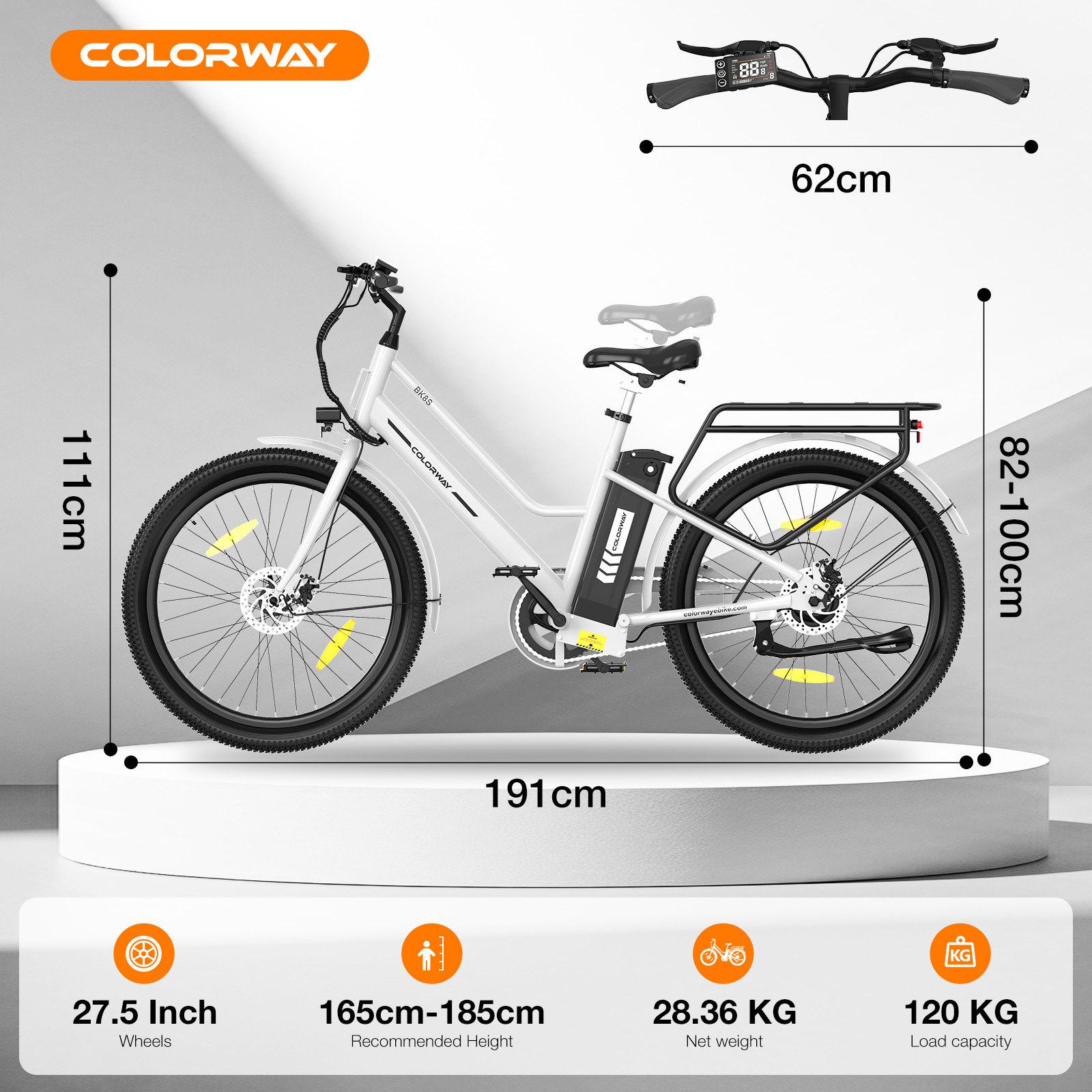 Wyświetlany jest biały rower elektryczny COLORWAY. Wymiary i specyfikacje są podświetlone. Rower ma czarne opony i detale.