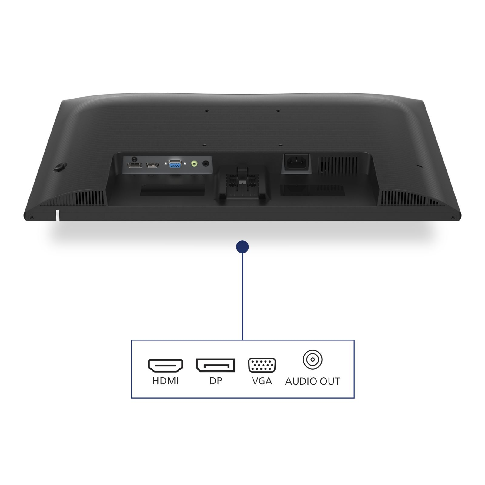Widok z tyłu czarnego monitora. Porty to HDMI, DP, VGA i wyjście audio. Zawiera wejście zasilania.