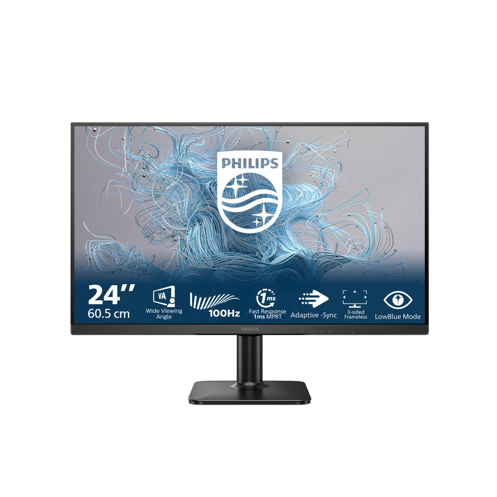 Monitor Philips z czarną ramką. Posiada 24-calowy ekran oraz funkcje, takie jak 100 Hz, szybki czas reakcji i tryb LowBlue.