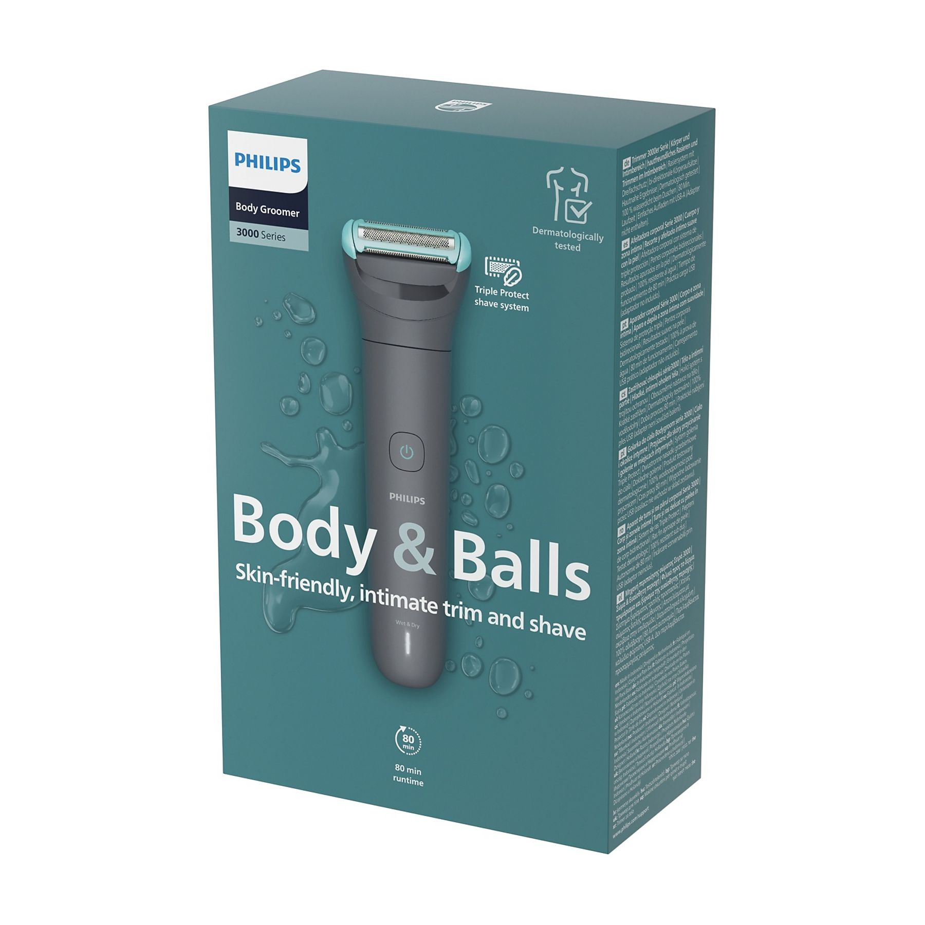 Verpackter Philips Body Groomer. Grau und türkis. Text: 'Body & Balls'.