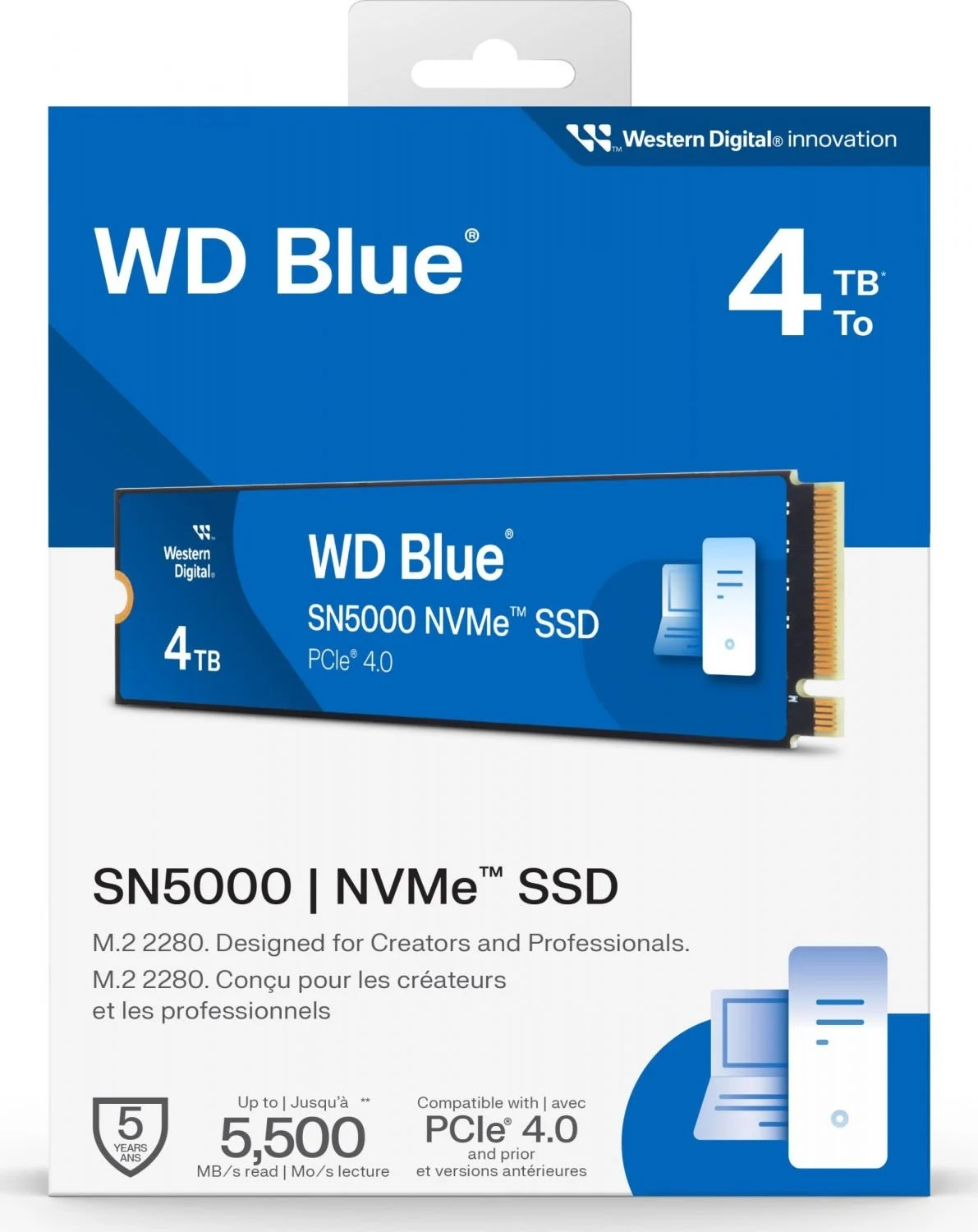 Pudełko z dyskiem SSD WD Blue 4TB. Tekst zawiera 'SN5000', 'NVMe SSD' i 'PCIe 4.0'. Pudełko jest biało-niebieskie.