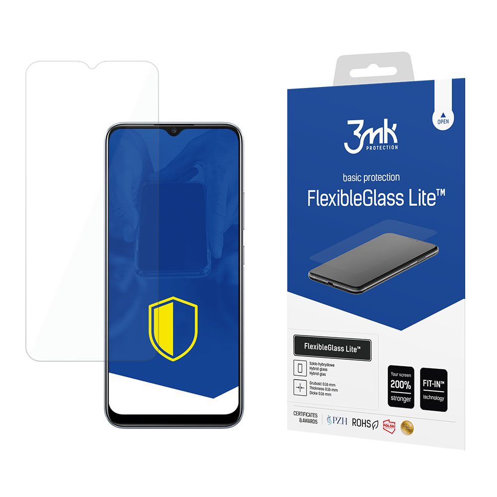 Un telefono con protezione schermo, una scatola con il nome FlexibleGlass Lite e una protezione schermo trasparente.