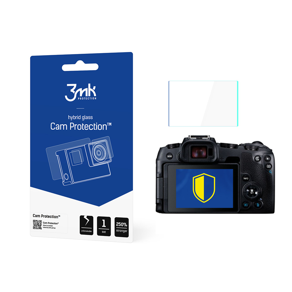 L'immagine mostra una fotocamera con una protezione per lo schermo, una fotocamera e una confezione. La confezione dice 'Cam Protection' e '3mk Protection'.