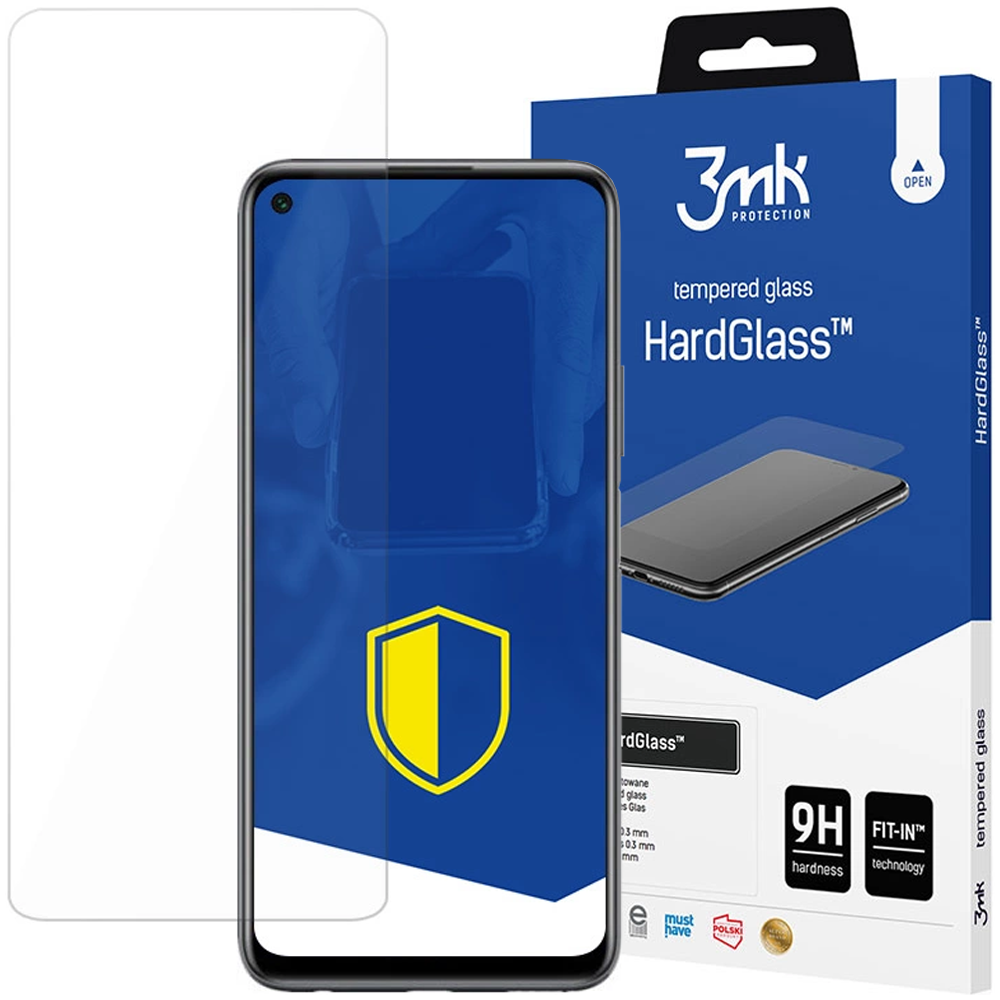 Un proteggi schermo per telefono con il telefono e la confezione sullo sfondo. La confezione riporta il marchio 3mk HardGlass.