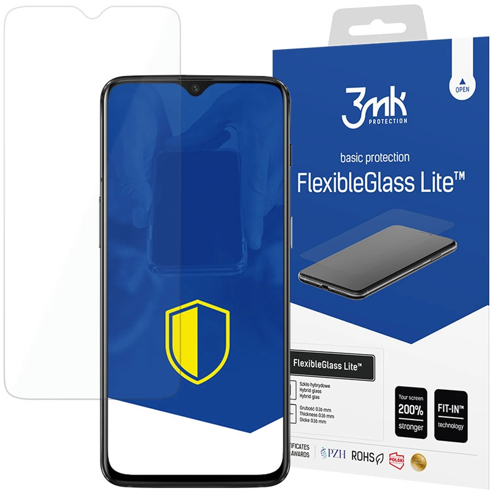 Un telefono con una protezione per lo schermo e una confezione di FlexibleGlass Lite. La confezione è blu e bianca.