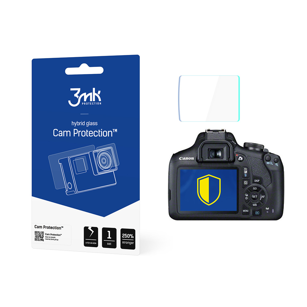 Un kit di protezione per fotocamera con una fotocamera, una protezione per lo schermo e una confezione. La confezione dice 'Cam Protection'.