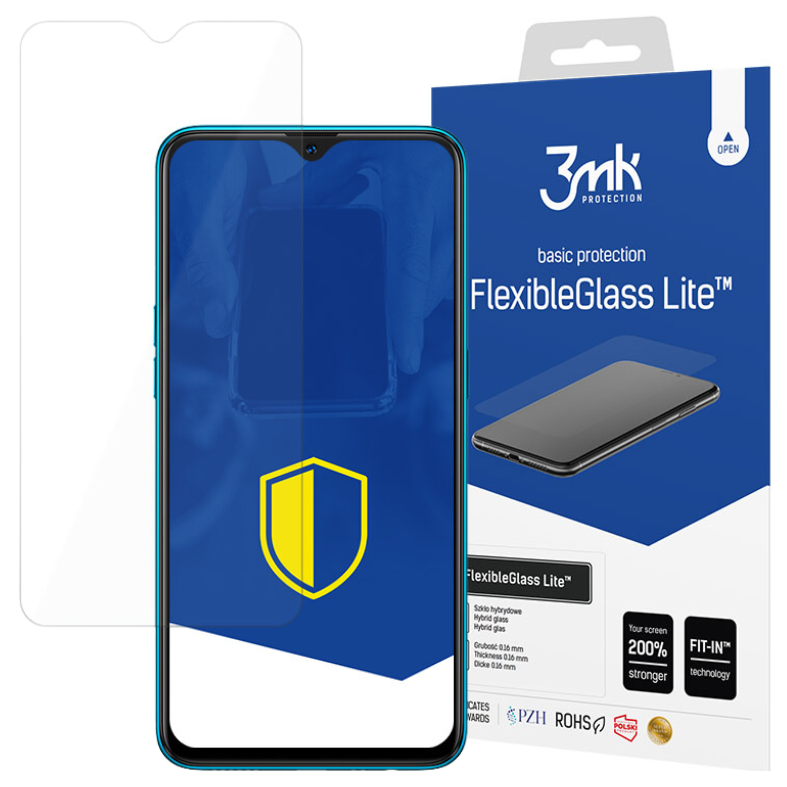 Un telefono con protezione schermo, scatola e protezione schermo. Sono presenti blu, giallo e bianco.