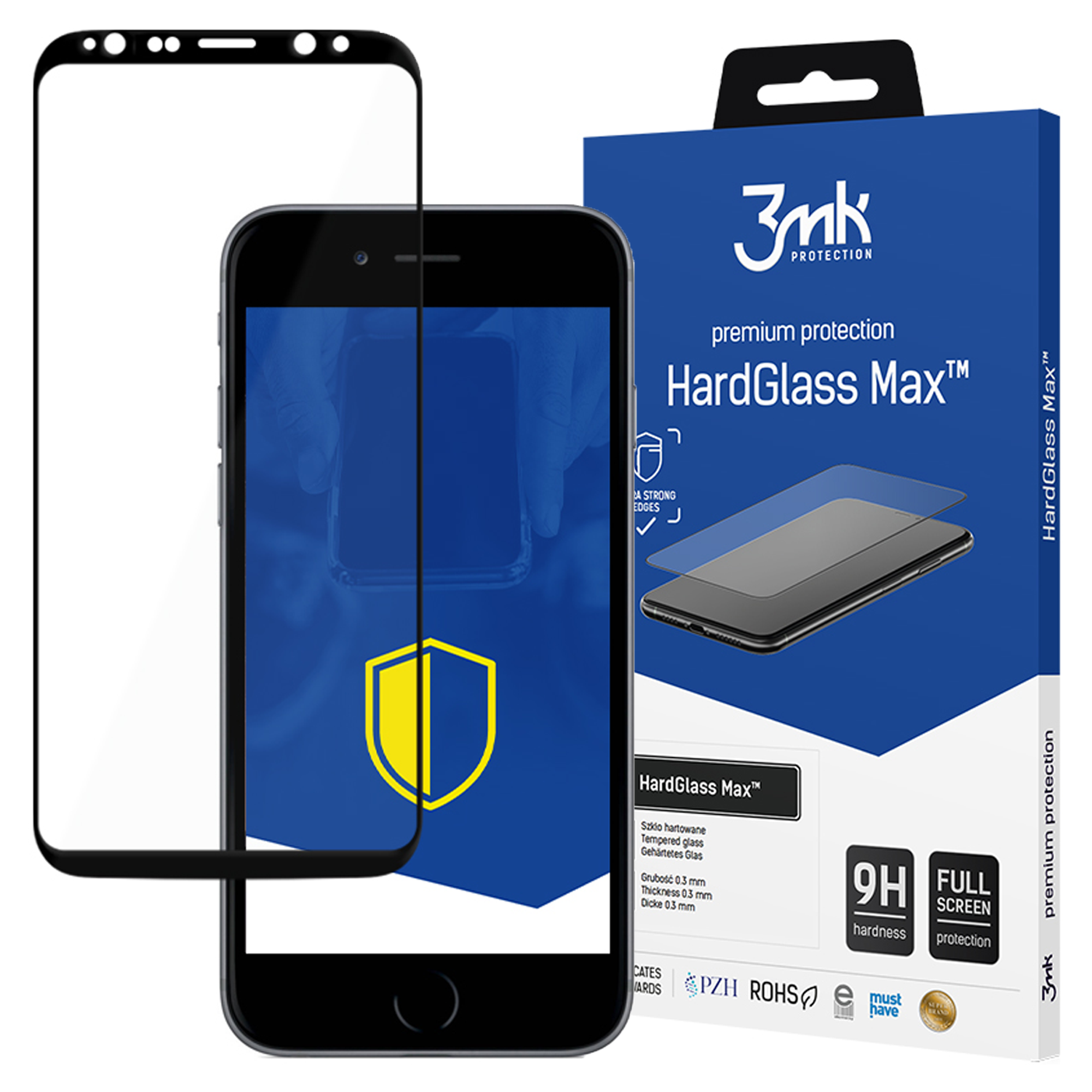 Telefon z ochraniaczem ekranu, HardGlass Max, i jego pudełkiem. Ochraniacz jest czarny i zakrywa cały ekran.