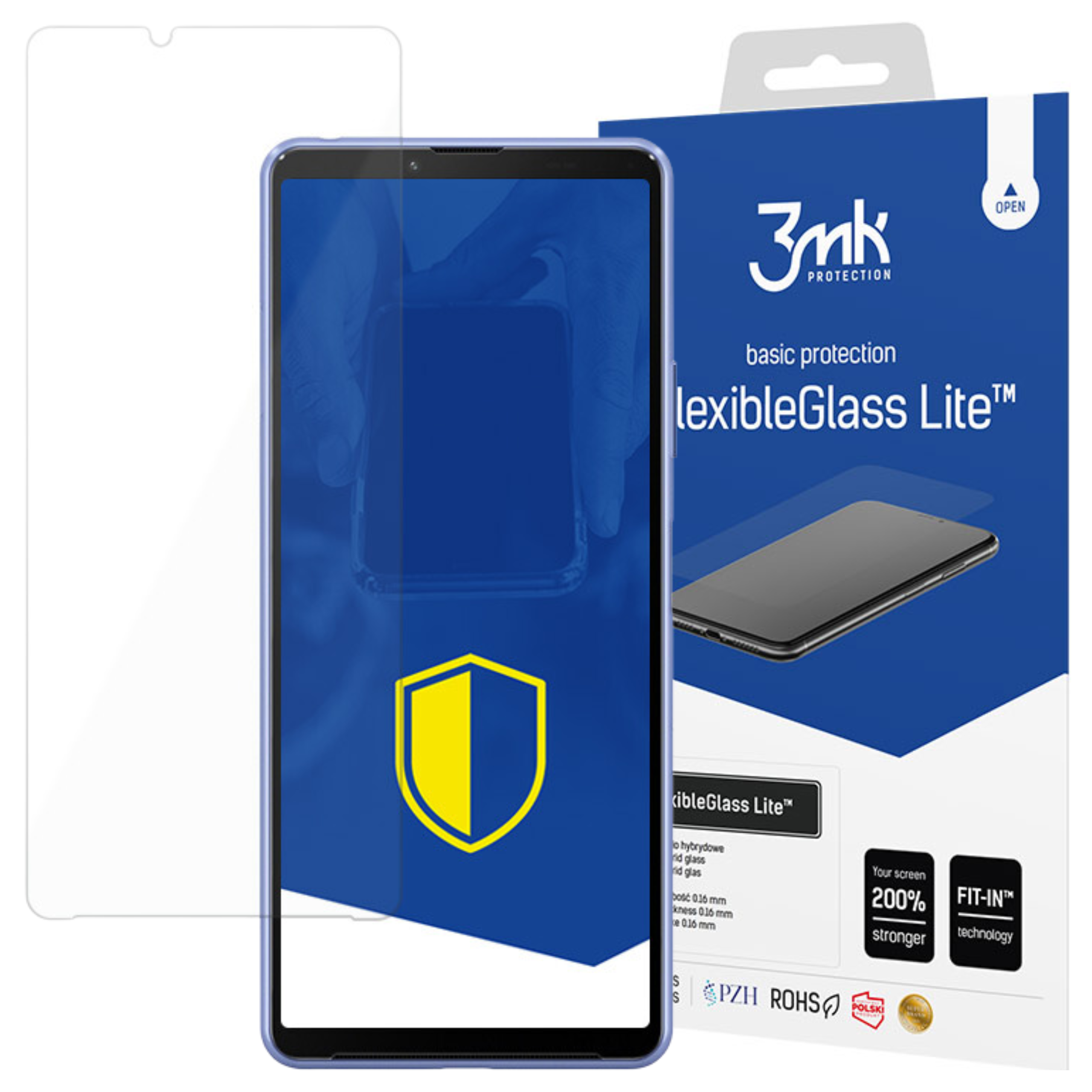 Un telefono con una protezione per lo schermo e una confezione di 'lexibleGlass Lite'. La protezione è a sinistra.
