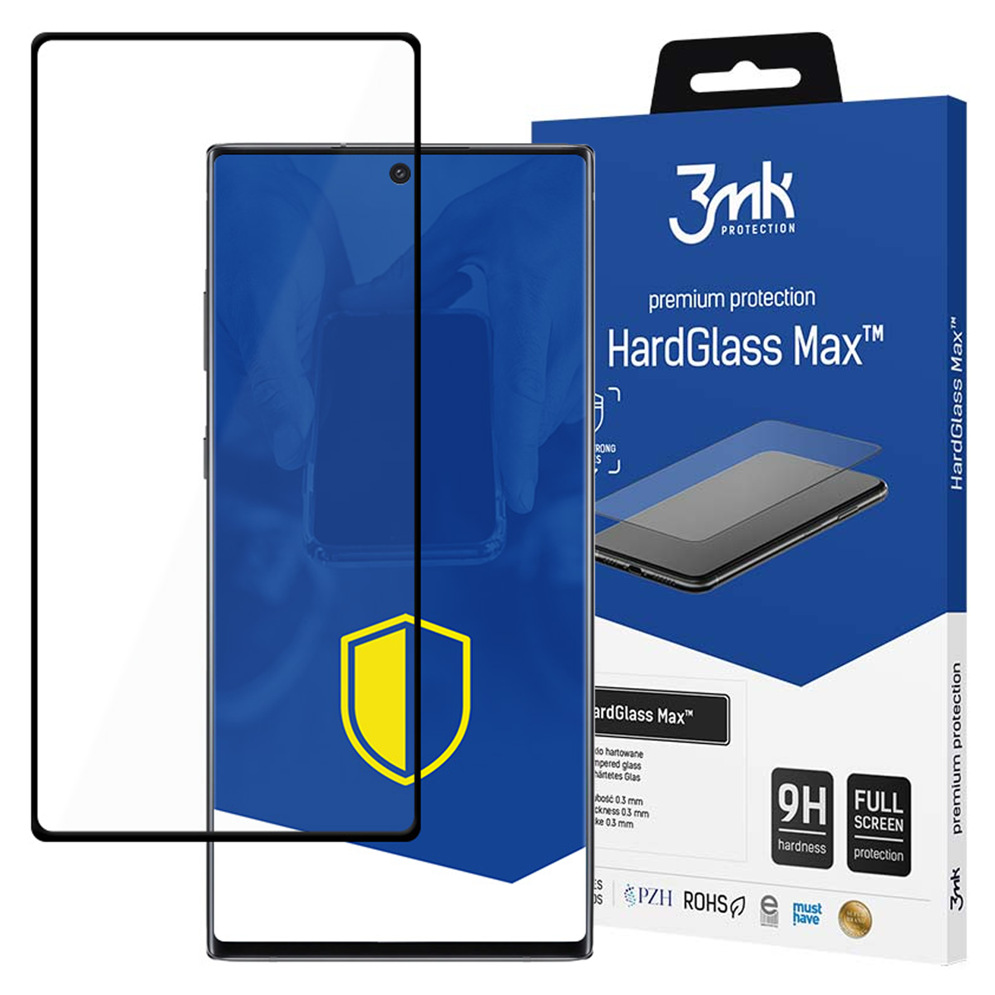 Telefon z ochroną ekranu, pudełkiem i osobną osłoną. Na pudełku napis 'HardGlass Max' i '3mk protection'.