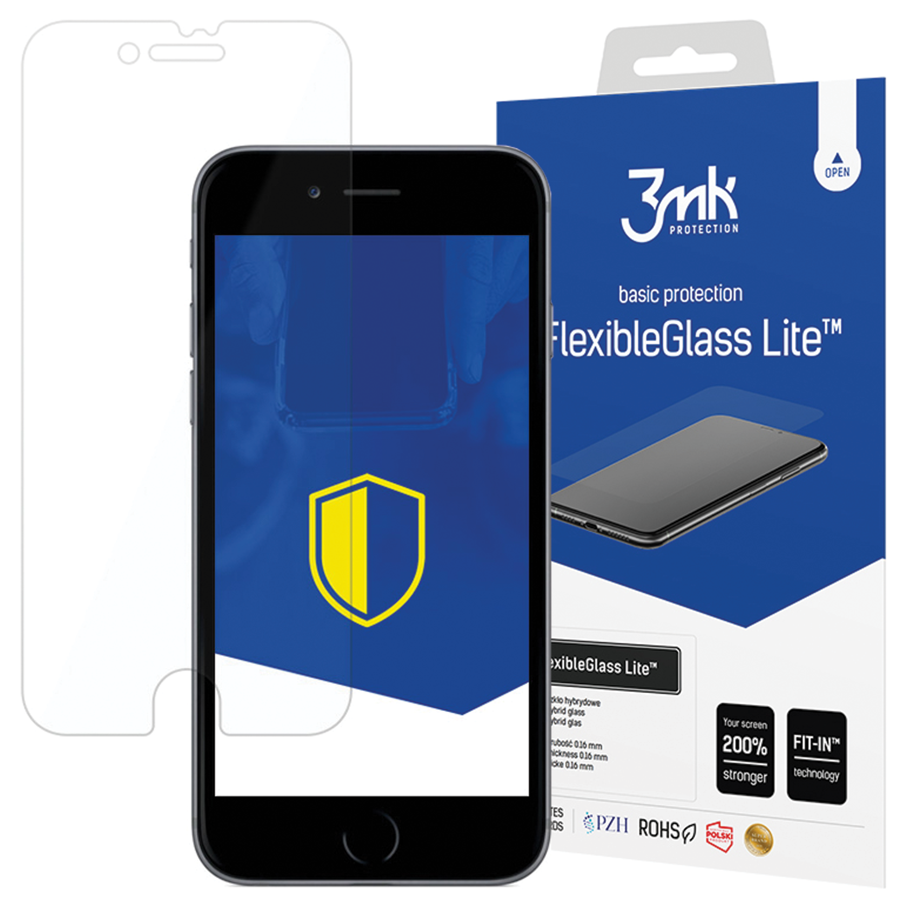 Un telefono con protezione schermo, una scatola con il nome FlexibleGlass Lite e una protezione schermo separata.