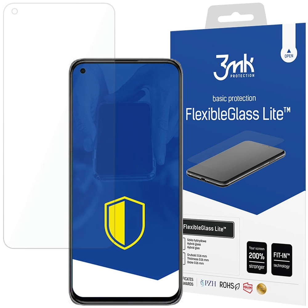 Un telefono con protezione schermo, una scatola con testo "FlexibleGlass Lite" e una protezione schermo bianca a sinistra.