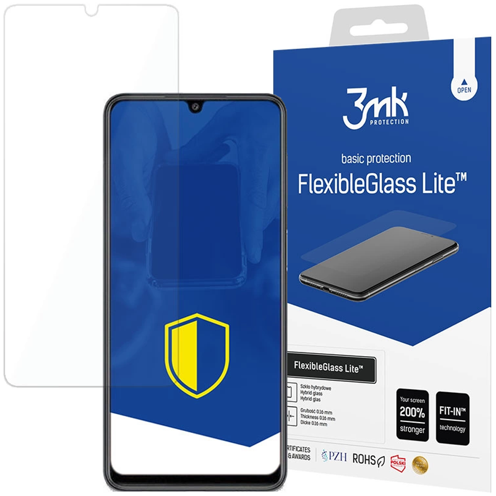 Un telefono con protezione schermo, una scatola di FlexibleGlass Lite e una protezione schermo.