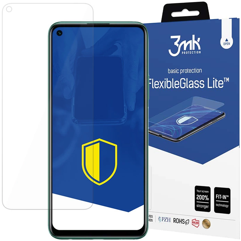Un protettore schermo per telefono, uno smartphone e una confezione con il marchio '3mk FlexibleGlass Lite'.