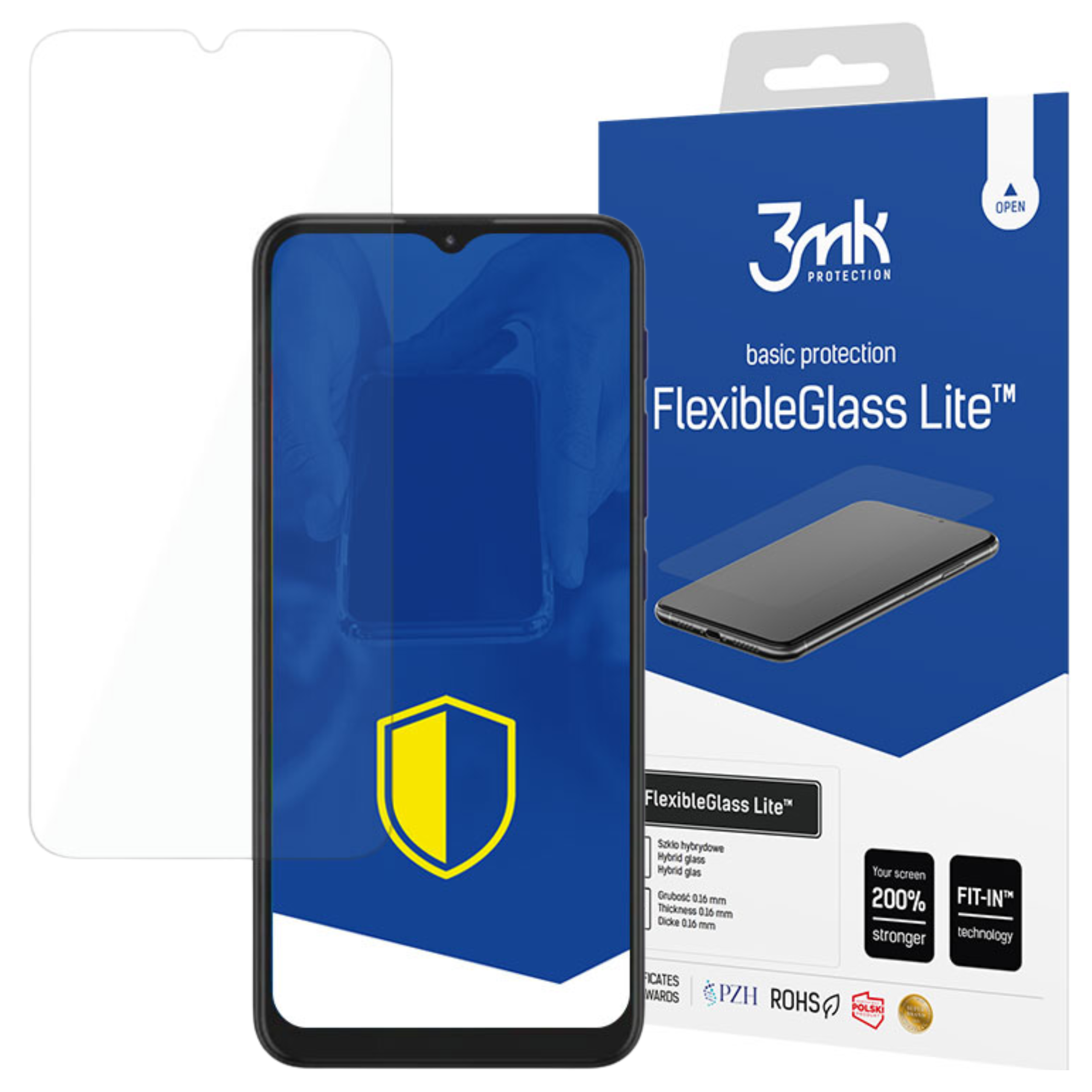 Un proteggi schermo e un telefono sono esposti con una scatola blu e bianca. La scatola pubblicizza FlexibleGlass Lite.