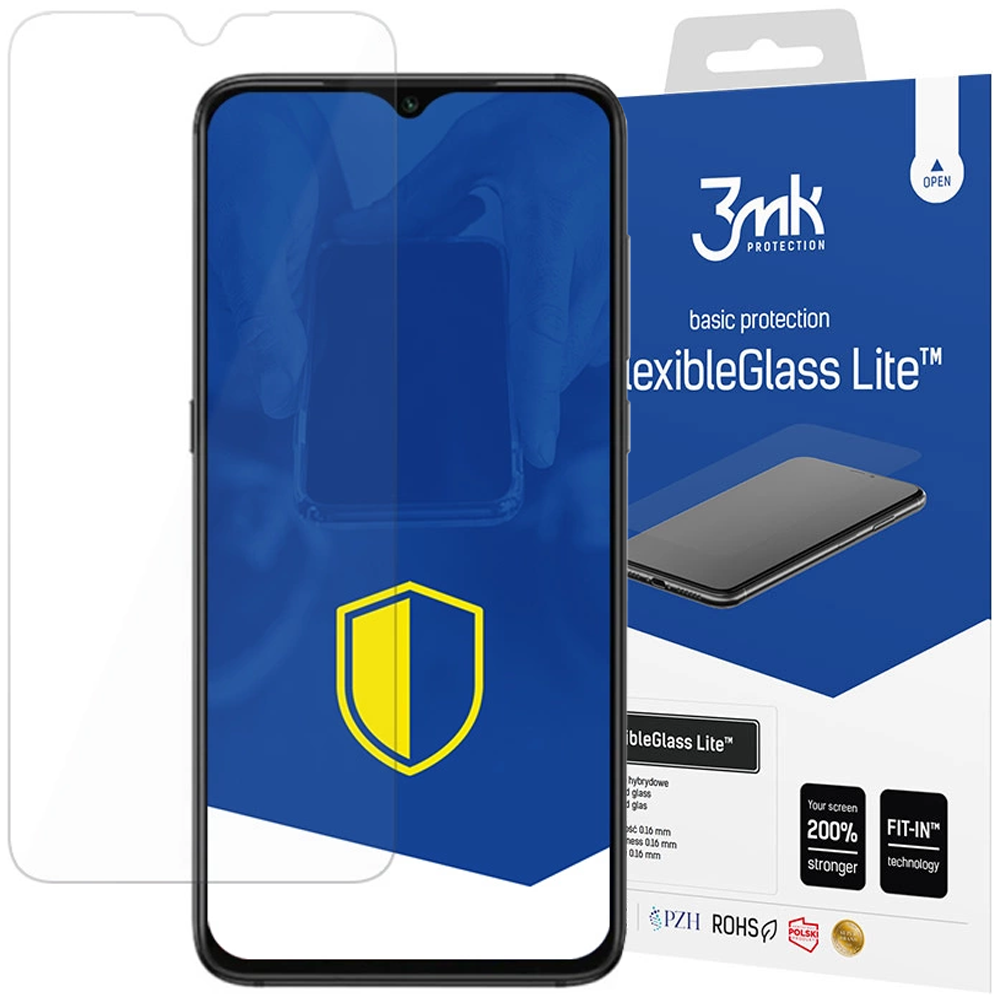 Smartfon z ochraniaczem ekranu i pudełko '3mk FlexibleGlass Lite' są pokazane.