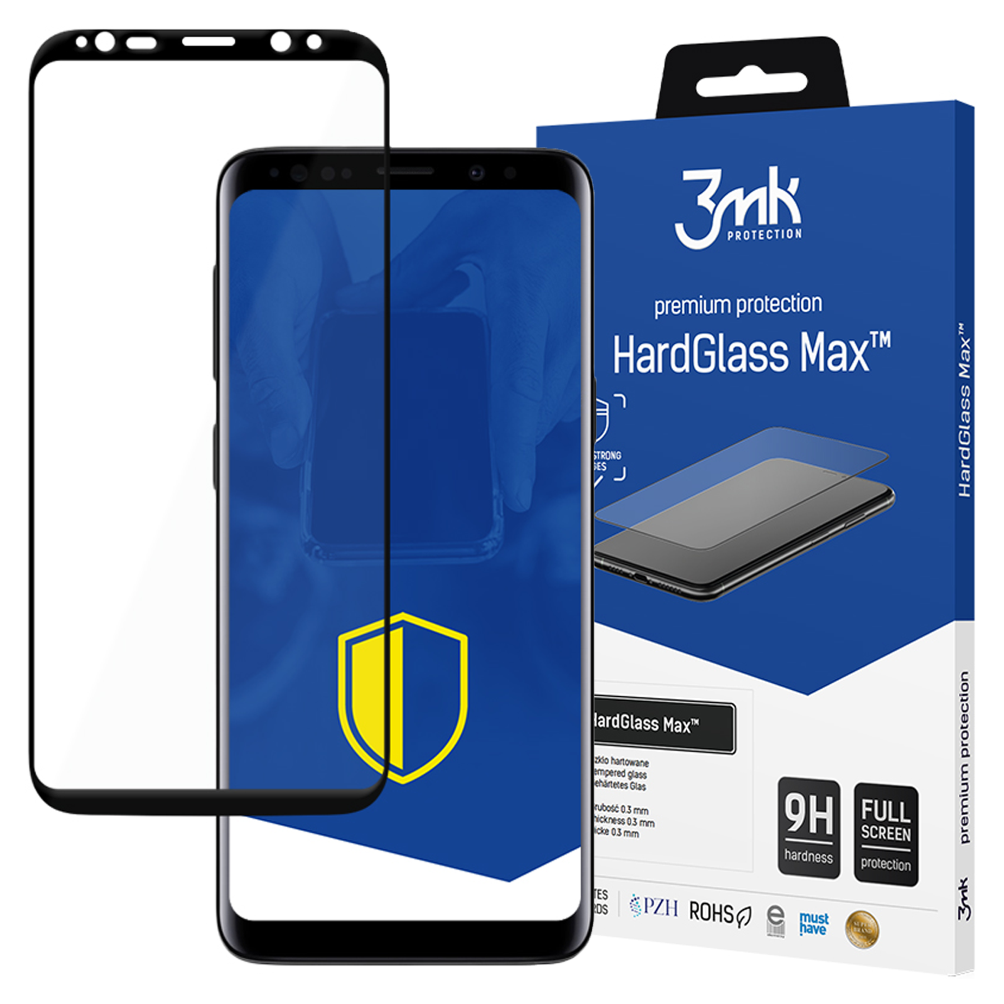 Wyświetlacz ochronny telefonu i pudełko tego samego produktu. Pudełko jest niebieskie, ochrona czarna.