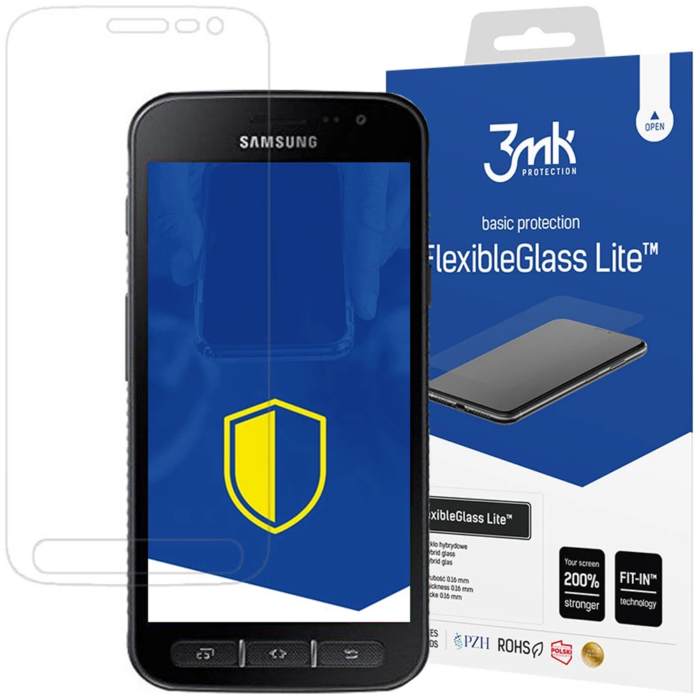 Un telefono Samsung, una protezione per lo schermo e l'imballaggio di FlexibleGlass Lite sono in mostra. Il telefono è nero e mostra uno schermo blu.