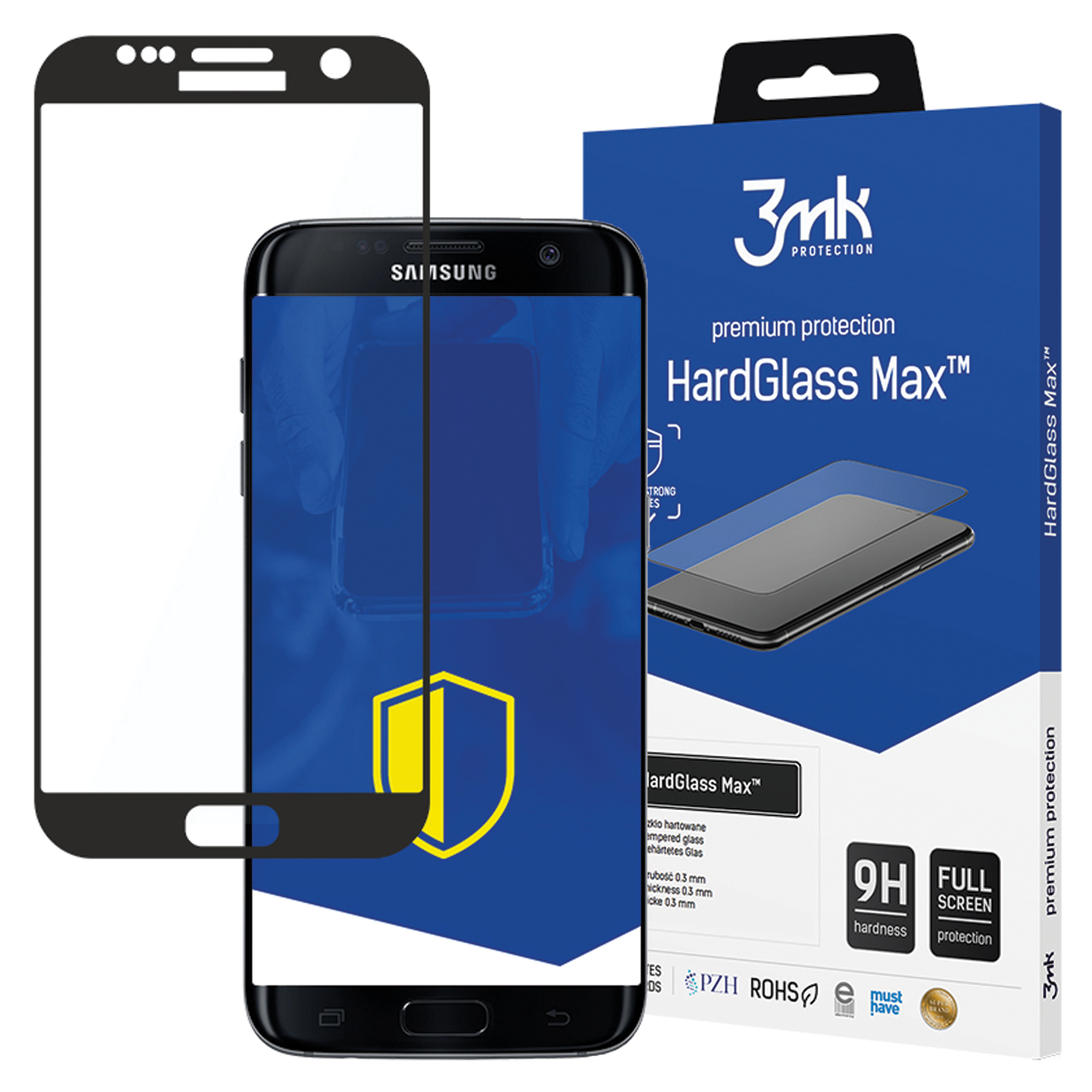 Se muestra un teléfono con protector de pantalla, caja y contorno del protector. La caja tiene el logotipo '3mk' y el texto 'HardGlass Max'.