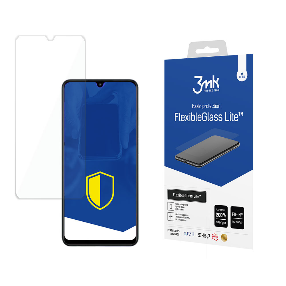 Un proteggi schermo e un telefono con una scatola. La scatola pubblicizza la protezione FlexibleGlass Lite.