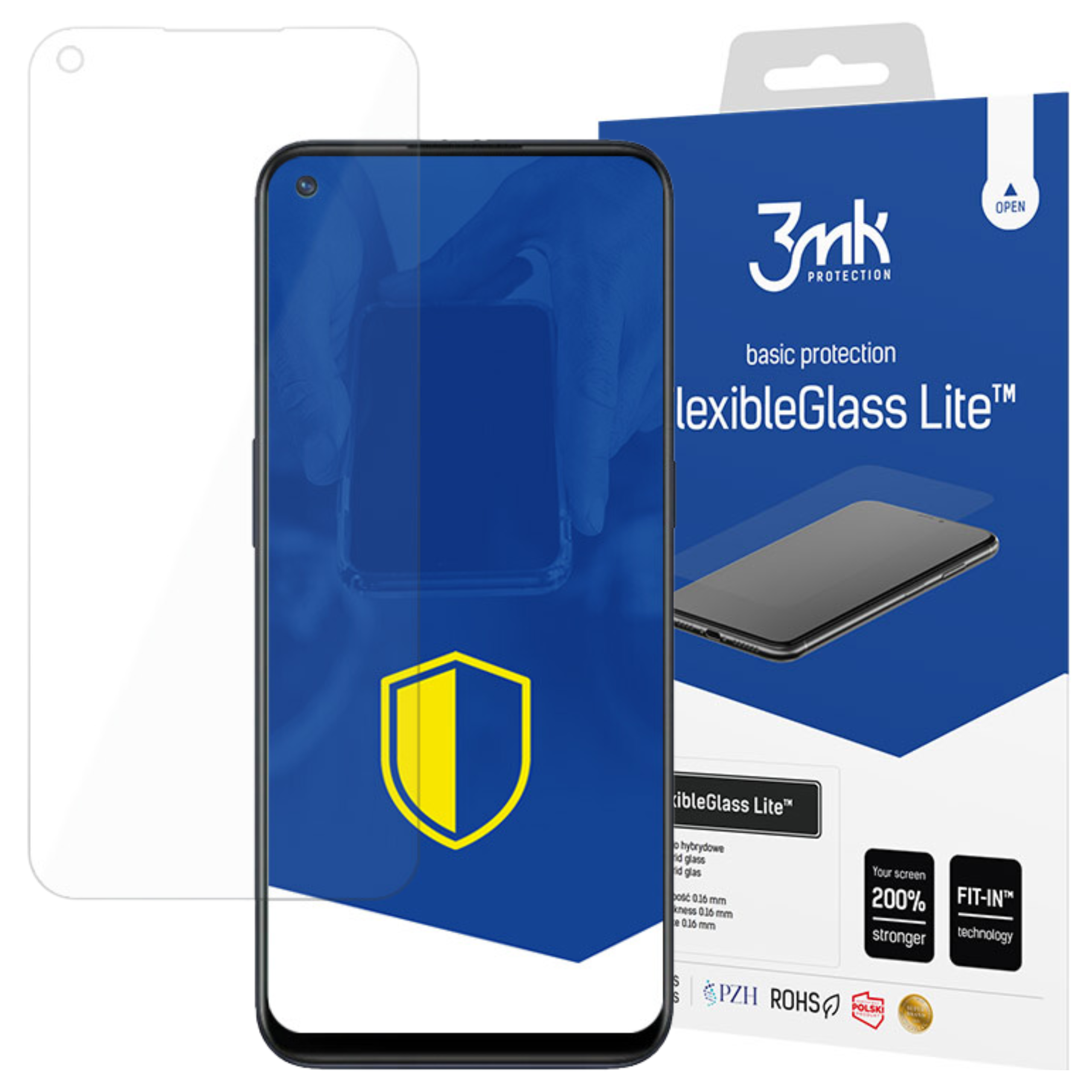 Un telefono con protezione schermo, scatola e modello di protezione sono visibili. Sulla scatola c'è scritto 'flexibleGlass Lite'.