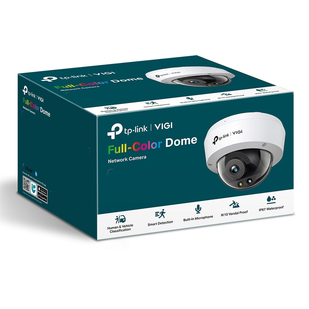 Ein Karton für eine tp-link VIGI Full-Color Dome Netzwerk-Kamera. Er ist weiß und blaugrün, mit einem Kamera-Bild und Funktionssymbolen.