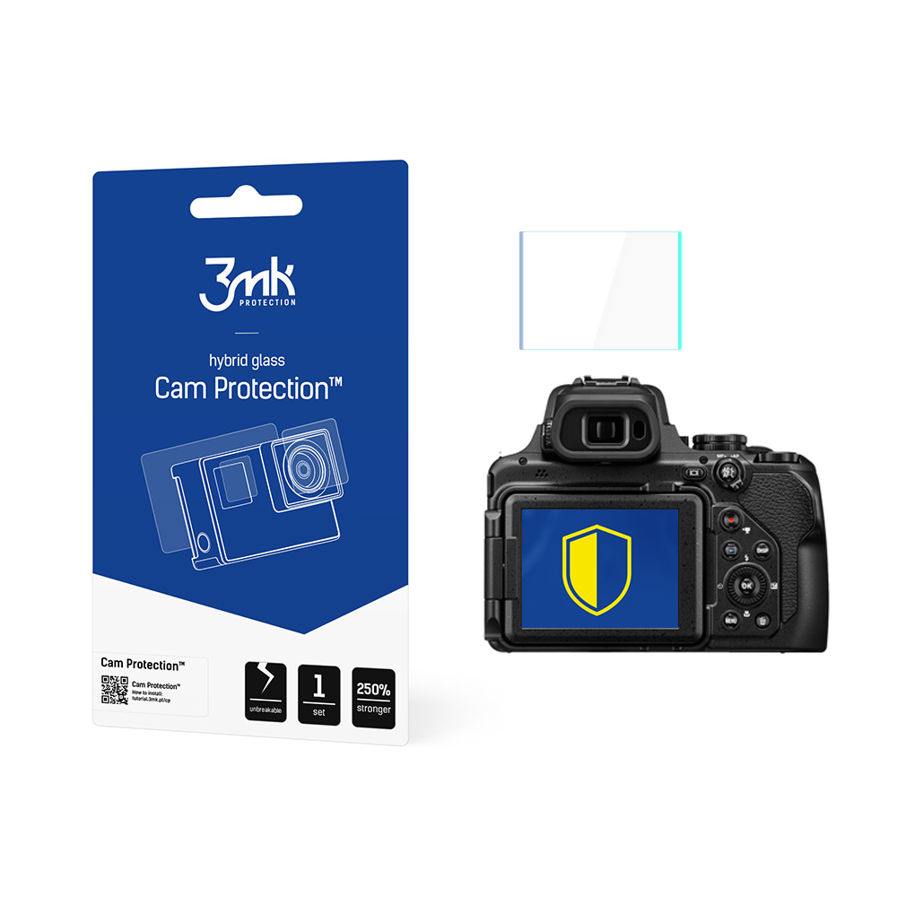 Una fotocamera con protezione schermo. Lo schermo mostra uno scudo giallo su sfondo blu. A sinistra c'è una confezione di Cam Protection.