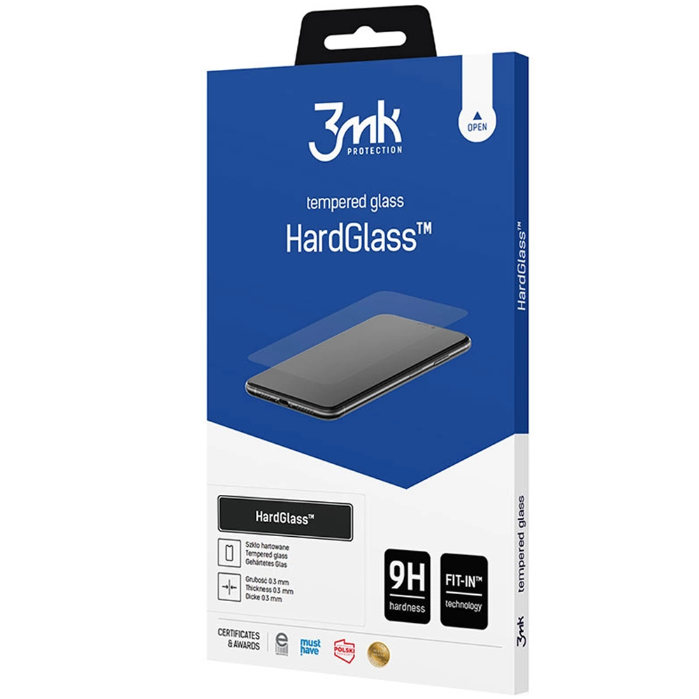 Una scatola per protezione schermo per telefono. Dice HardGlass, durezza 9H e tecnologia Fit-in. Lo sfondo è blu e bianco.