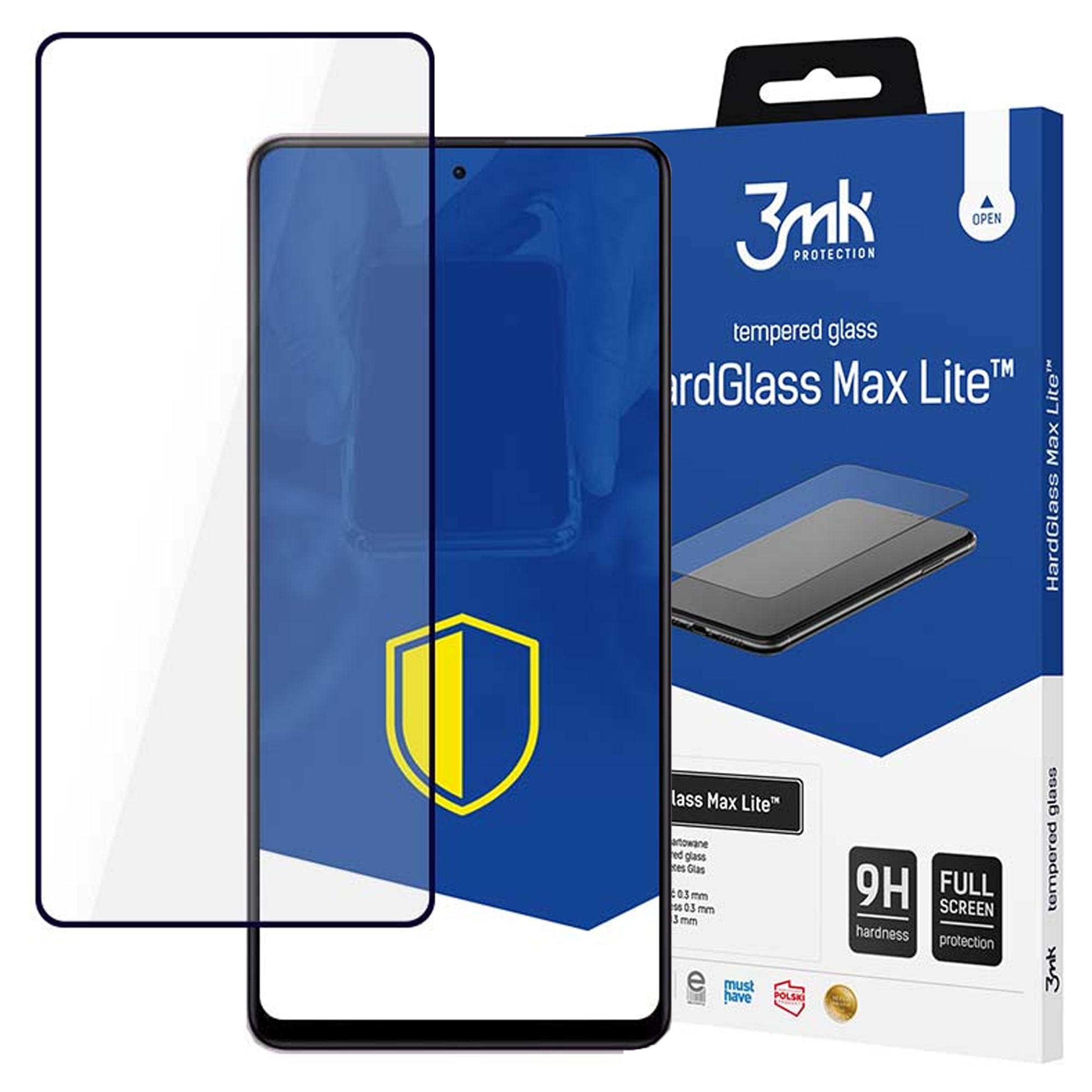 Ochraniacz ekranu telefonu i pudełko. Pudełko ma obraz telefonu, nazwę produktu i logo.