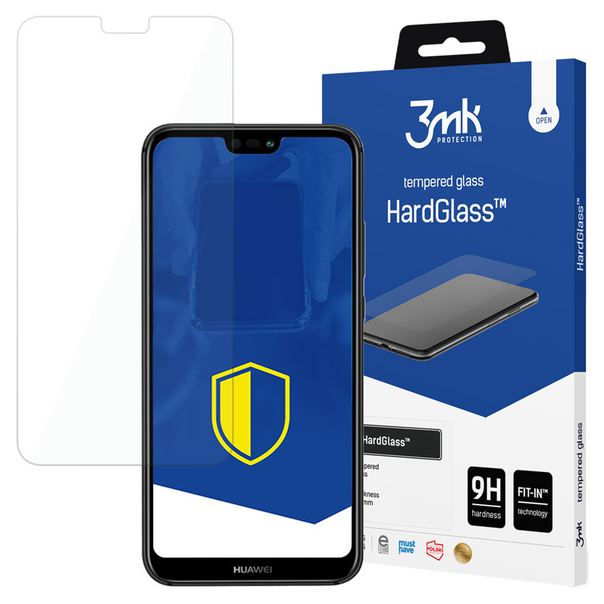 Vengono mostrati un telefono con protezione schermo, una scatola di vetro temperato e una protezione schermo. Il telefono ha un logo a scudo giallo.