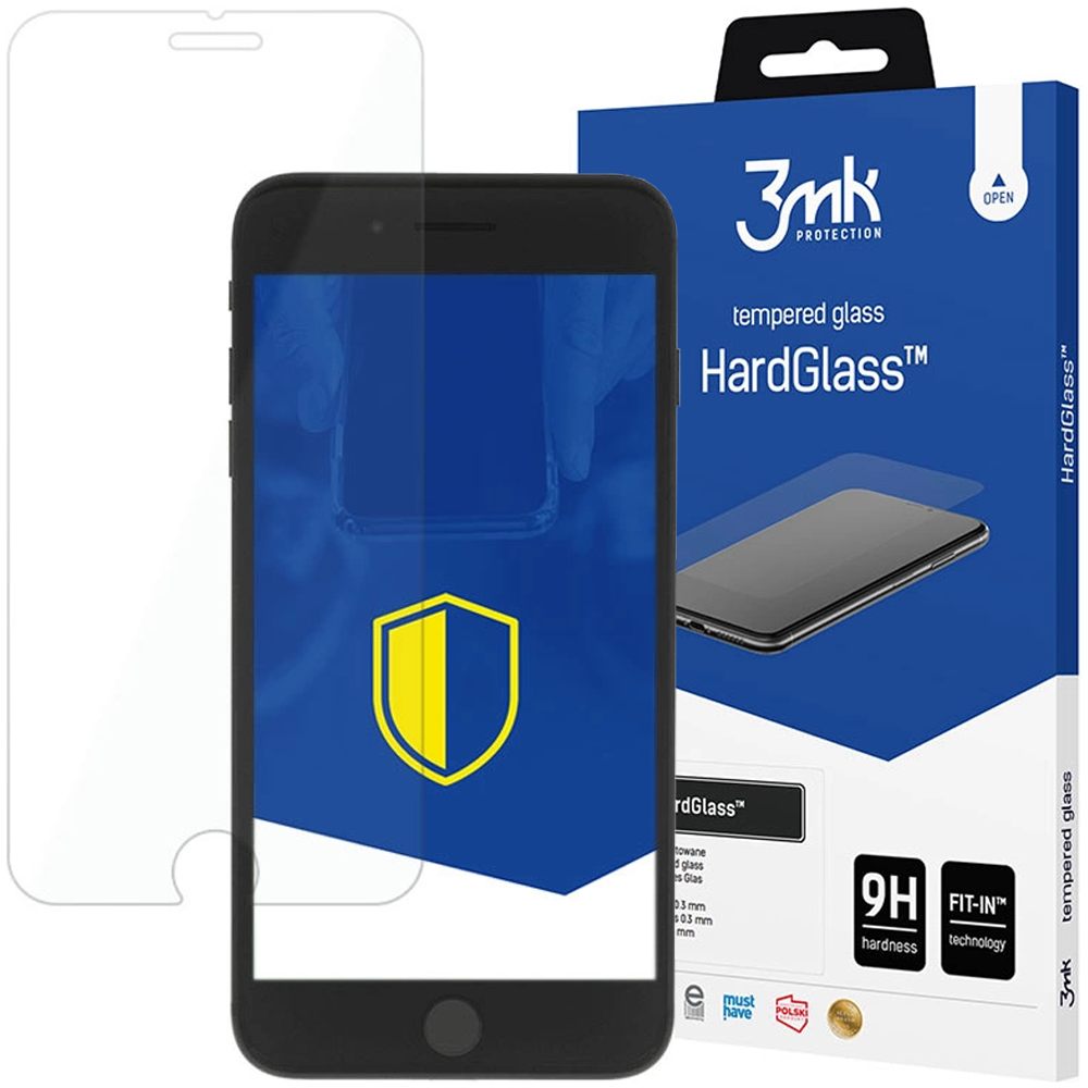 Un telefono con protezione schermo, una scatola con il nome HardGlass e un vetro protettivo su sfondo bianco.
