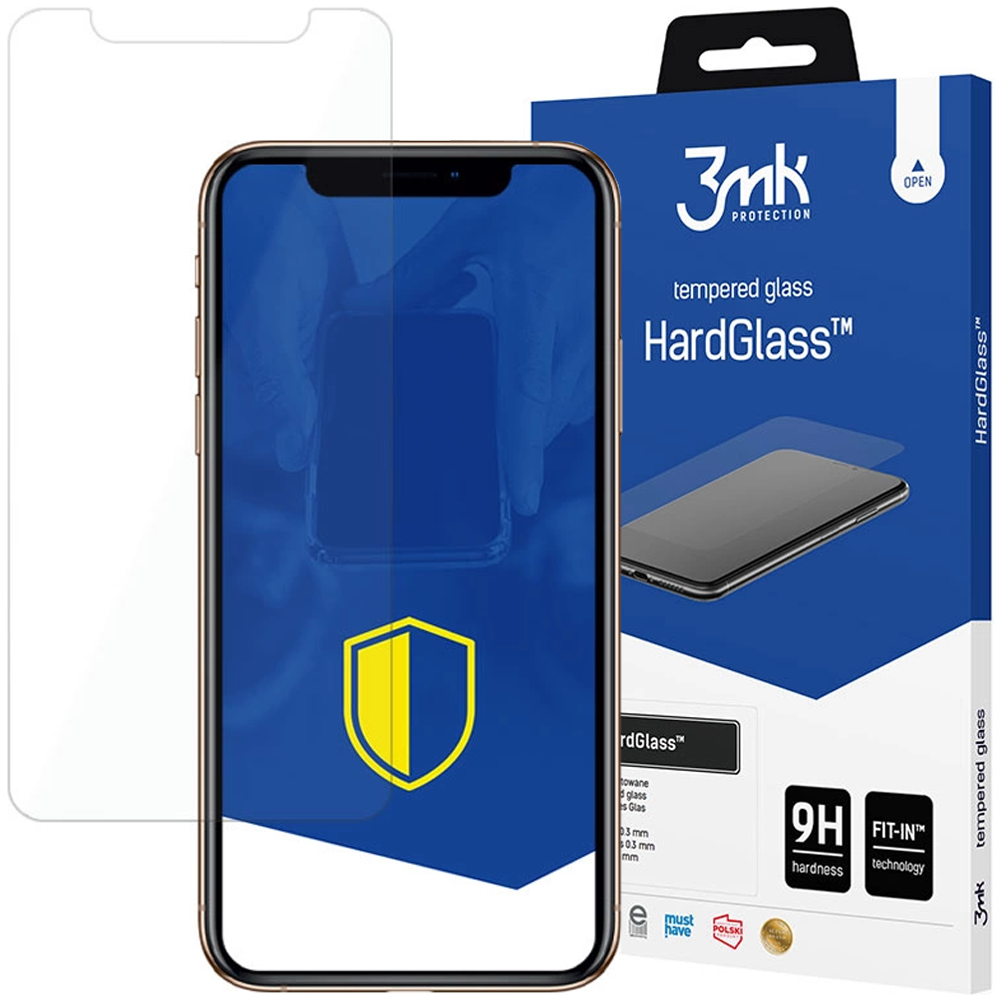 Un telefono con protezione schermo, scatola HardGlass e protezione di ricambio. Logo scudo sul telefono. Testo: 9H Durezza, tecnologia FIT-IN.