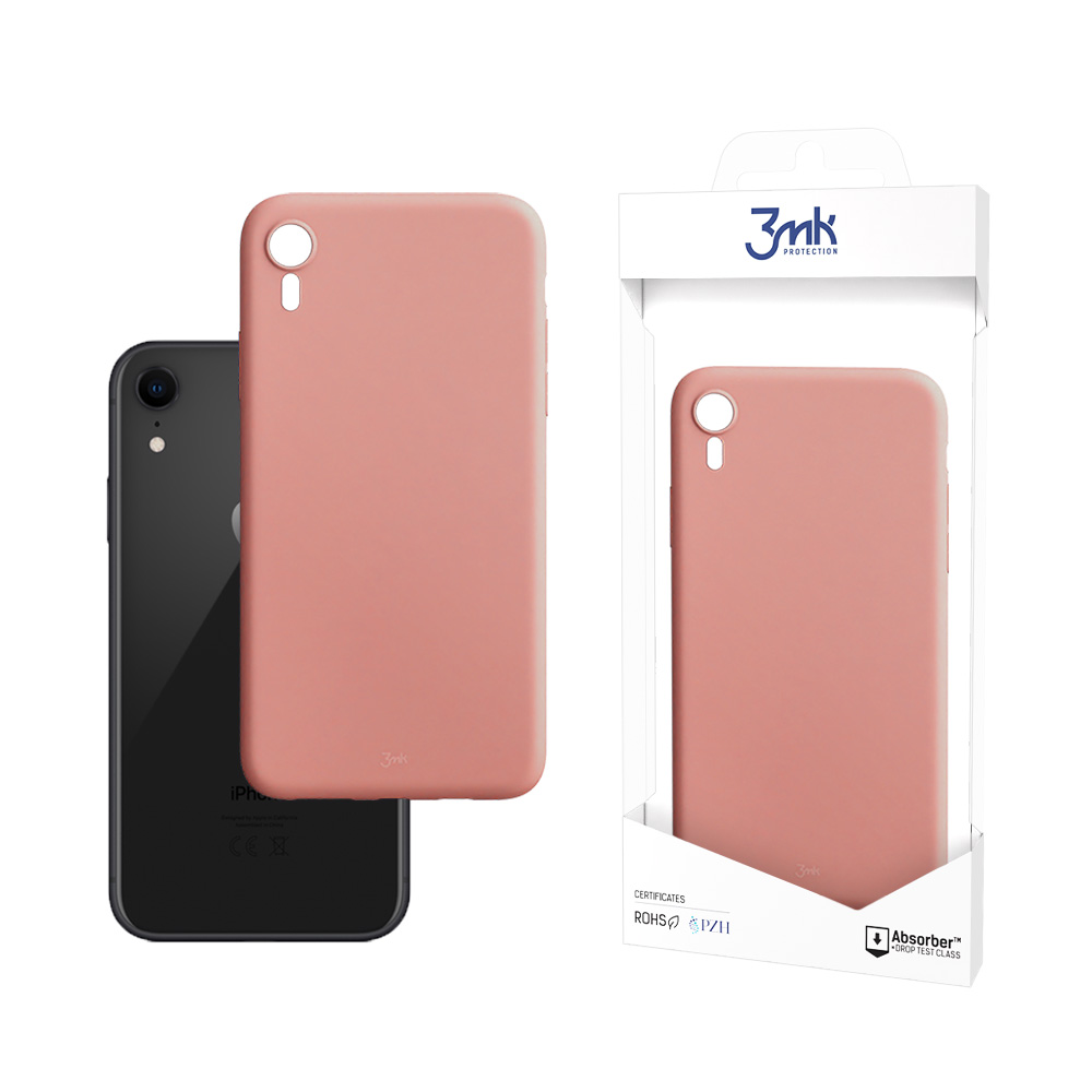 Czarny iPhone XR z różowym etui obok zapakowanego etui. Opakowanie ma logo, a etui jest widoczne.