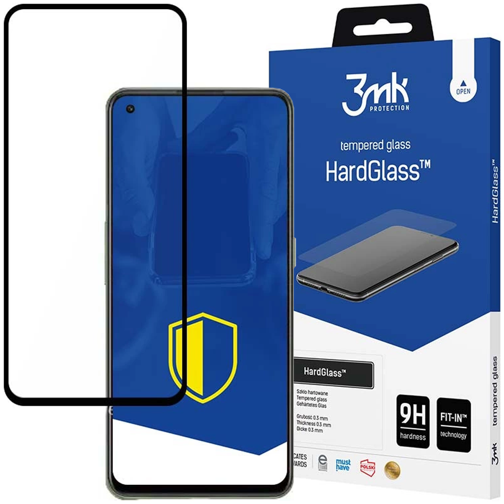 Un proteggi schermo e una scatola. Il proteggi schermo è nero, la scatola blu e bianca, con 'HardGlass'.