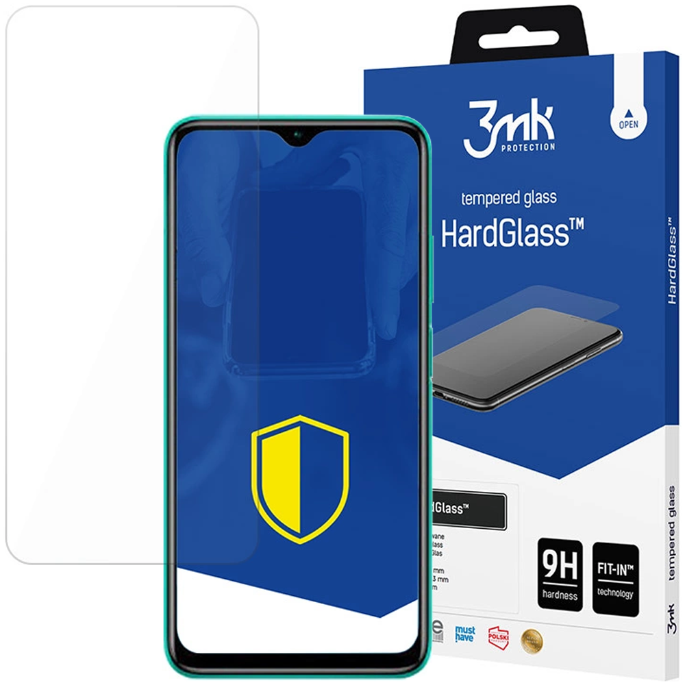 Un proteggi schermo per telefono e una scatola. Lo schermo del telefono è bordato di verde acqua e la scatola ha il marchio 3mk e il testo HardGlass.