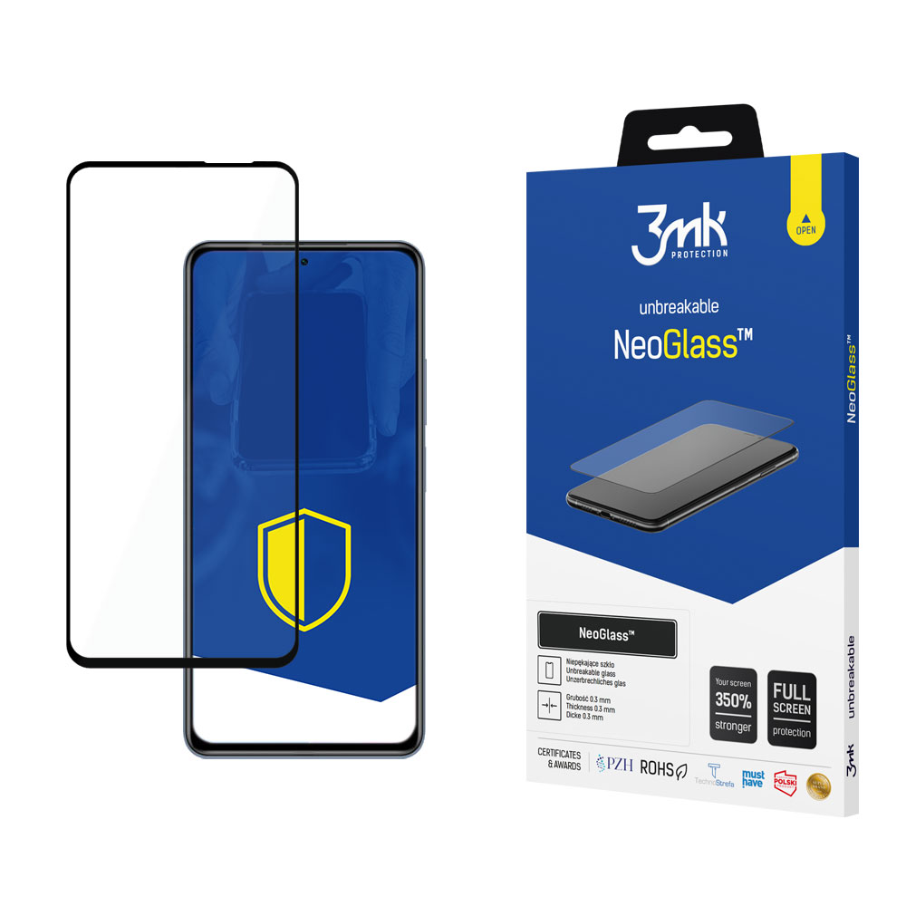 Un telefono con protezione schermo accanto alla confezione NeoGlass. La confezione ha il logo 3mk e i dettagli del prodotto.