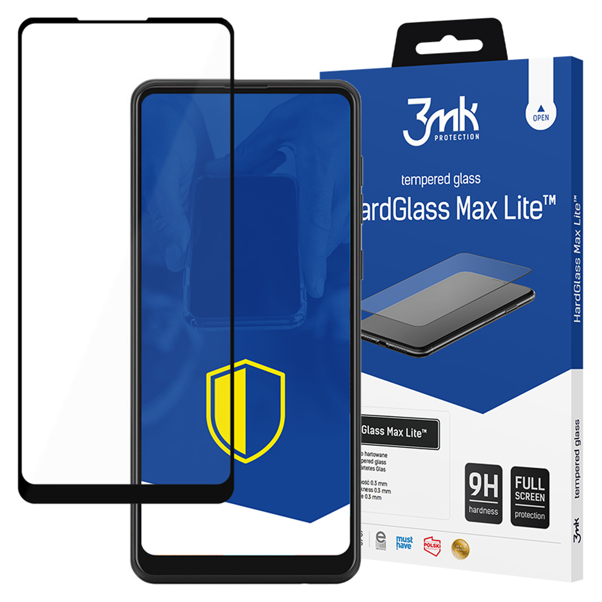 Telefon z ochraniaczem ekranu, pudełko z napisem HardGlass Max Lite. Twardość 9H, pełna ochrona ekranu.