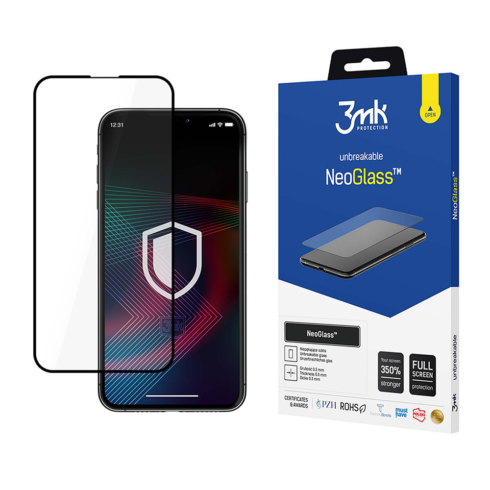 Un telefono con una protezione per lo schermo accanto alla sua scatola, etichettato NeoGlass, con dettagli del prodotto e un logo a scudo.