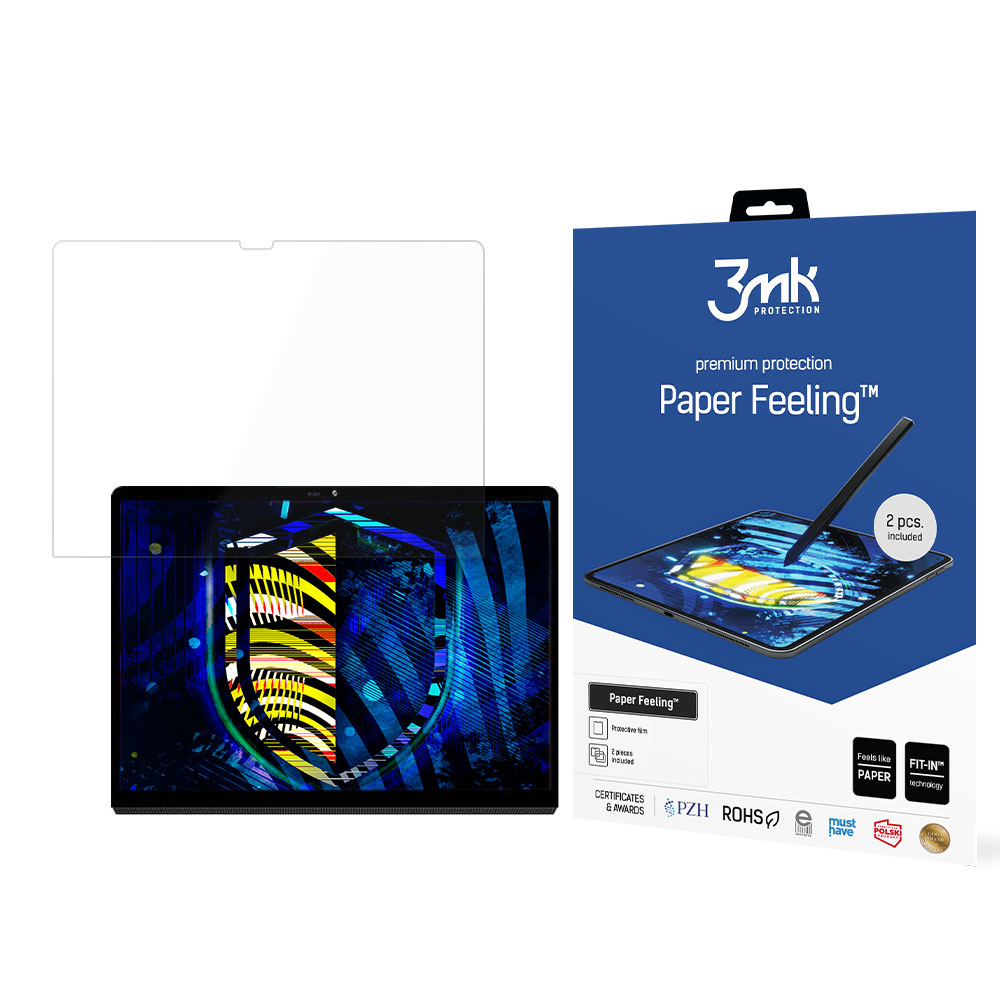 Eine Displayschutzfolienbox und ein Tablet mit einer Displayschutzfolie. Auf der Box steht 'Paper Feeling' und '3mk protection'.