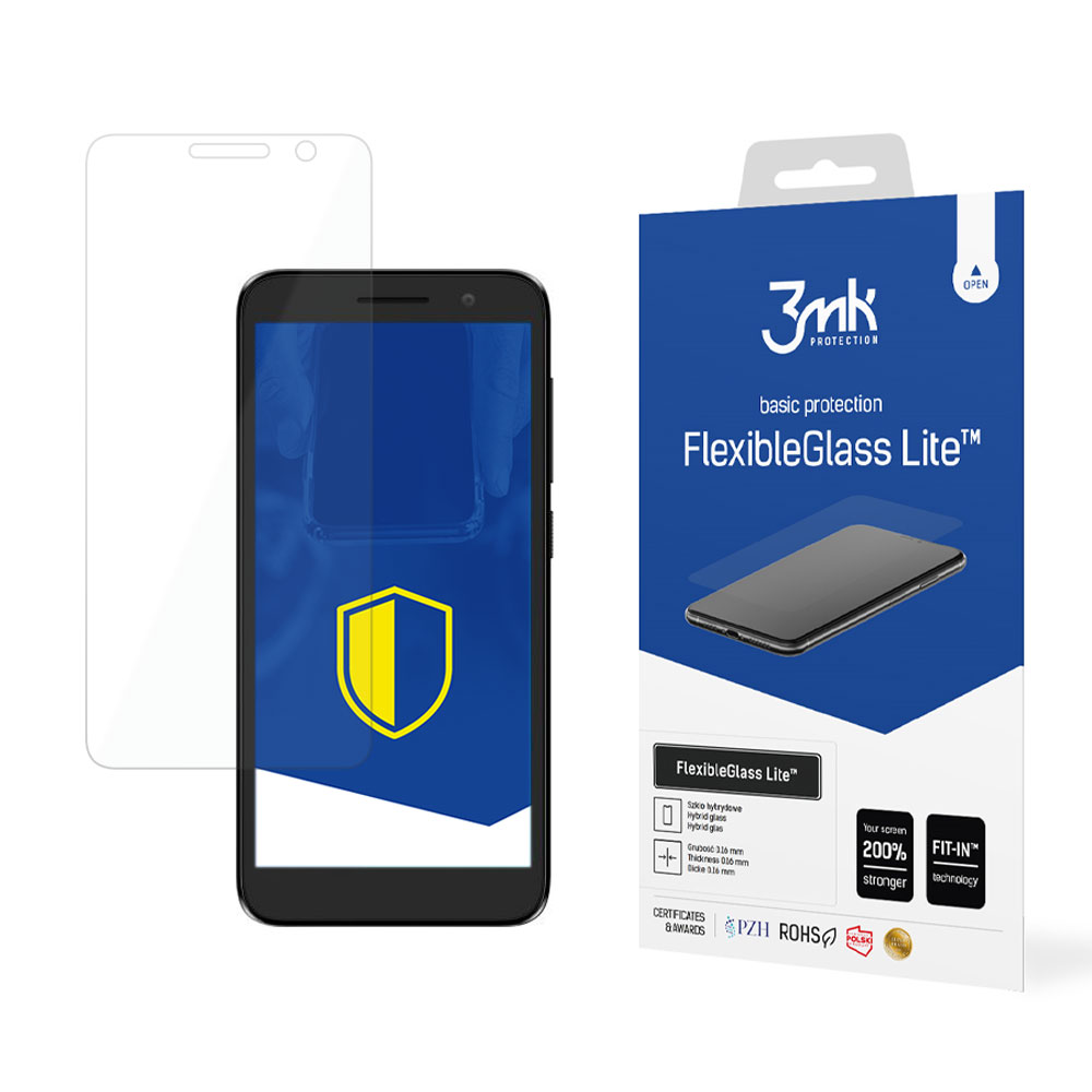 Un telefono con protezione schermo, una scatola con 'FlexibleGlass Lite' e una protezione schermo trasparente.