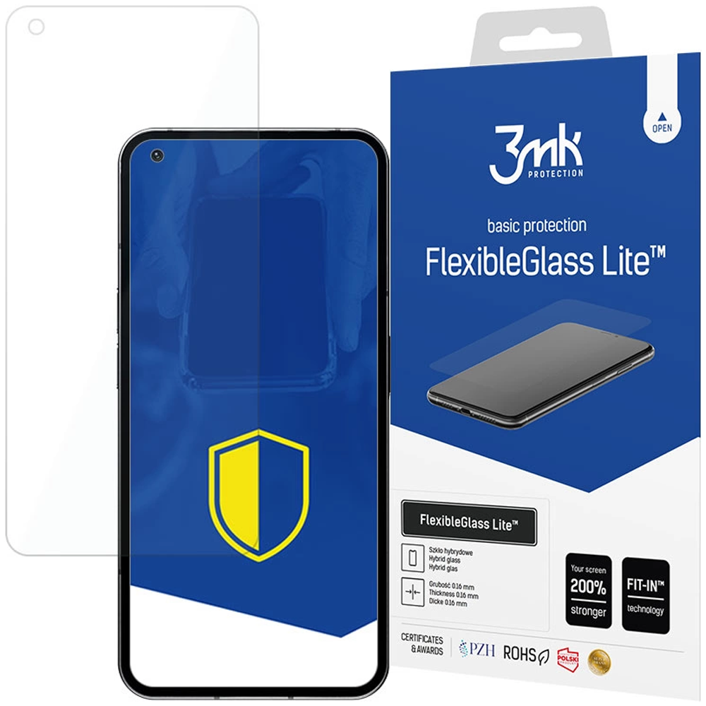 Ochraniacz ekranu telefonu i pudełko. Na pudełku napis 'FlexibleGlass Lite'. Telefon po lewej, pudełko po prawej.