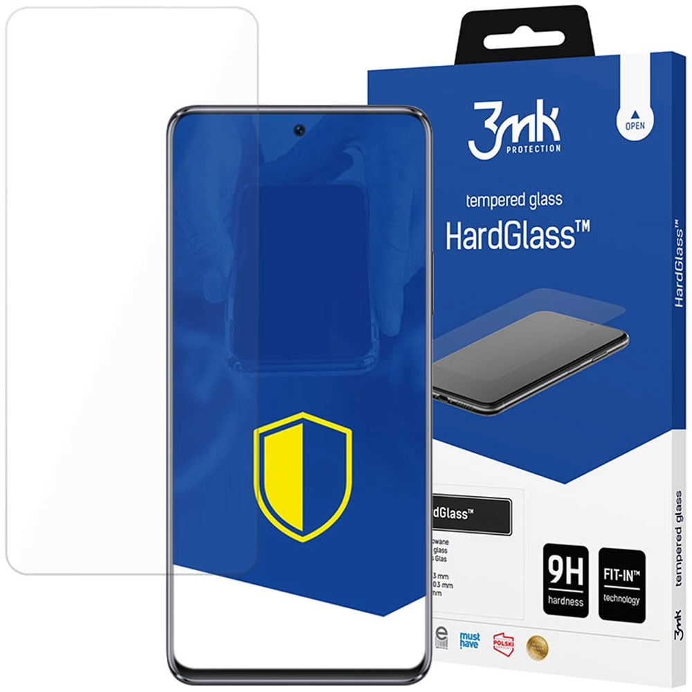 Ochraniacz ekranu z telefonem i pudełkiem produktu. Na pudełku napis 'HardGlass' i '3mk protection'.