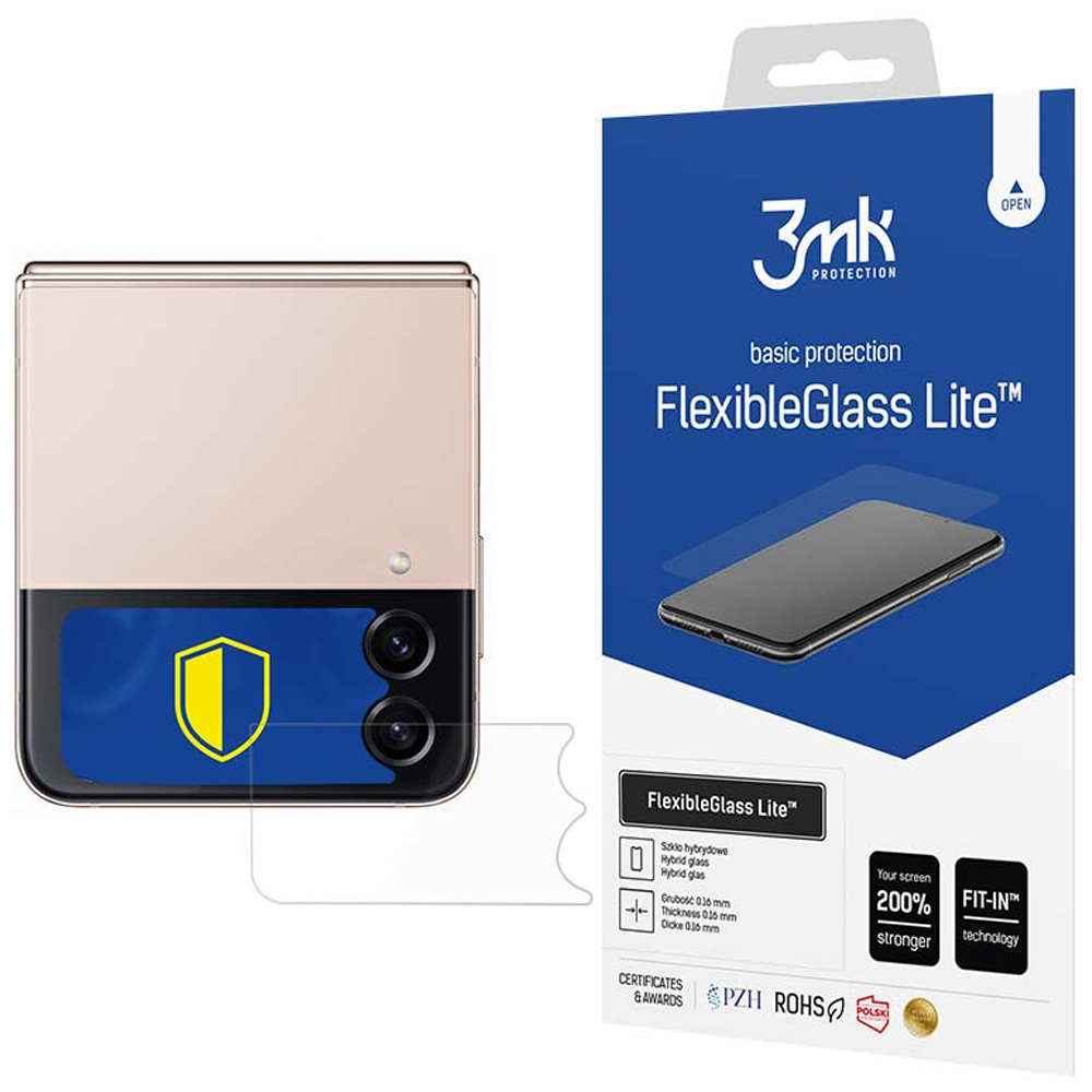 Uno smartphone accanto a una scatola blu. La scatola pubblicizza la protezione schermo FlexibleGlass Lite con il logo 3mk.