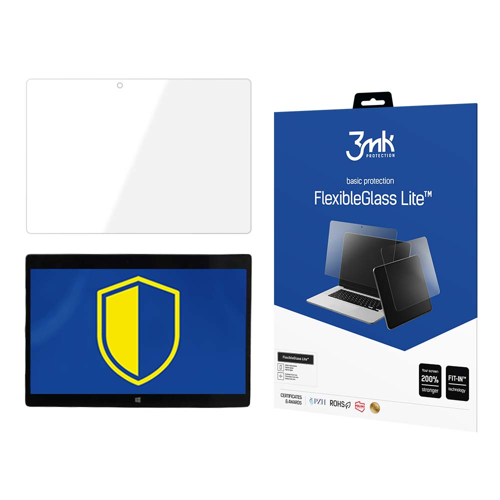 Un proteggi schermo, un tablet con un logo a scudo e una confezione blu del prodotto FlexibleGlass Lite sono visibili.